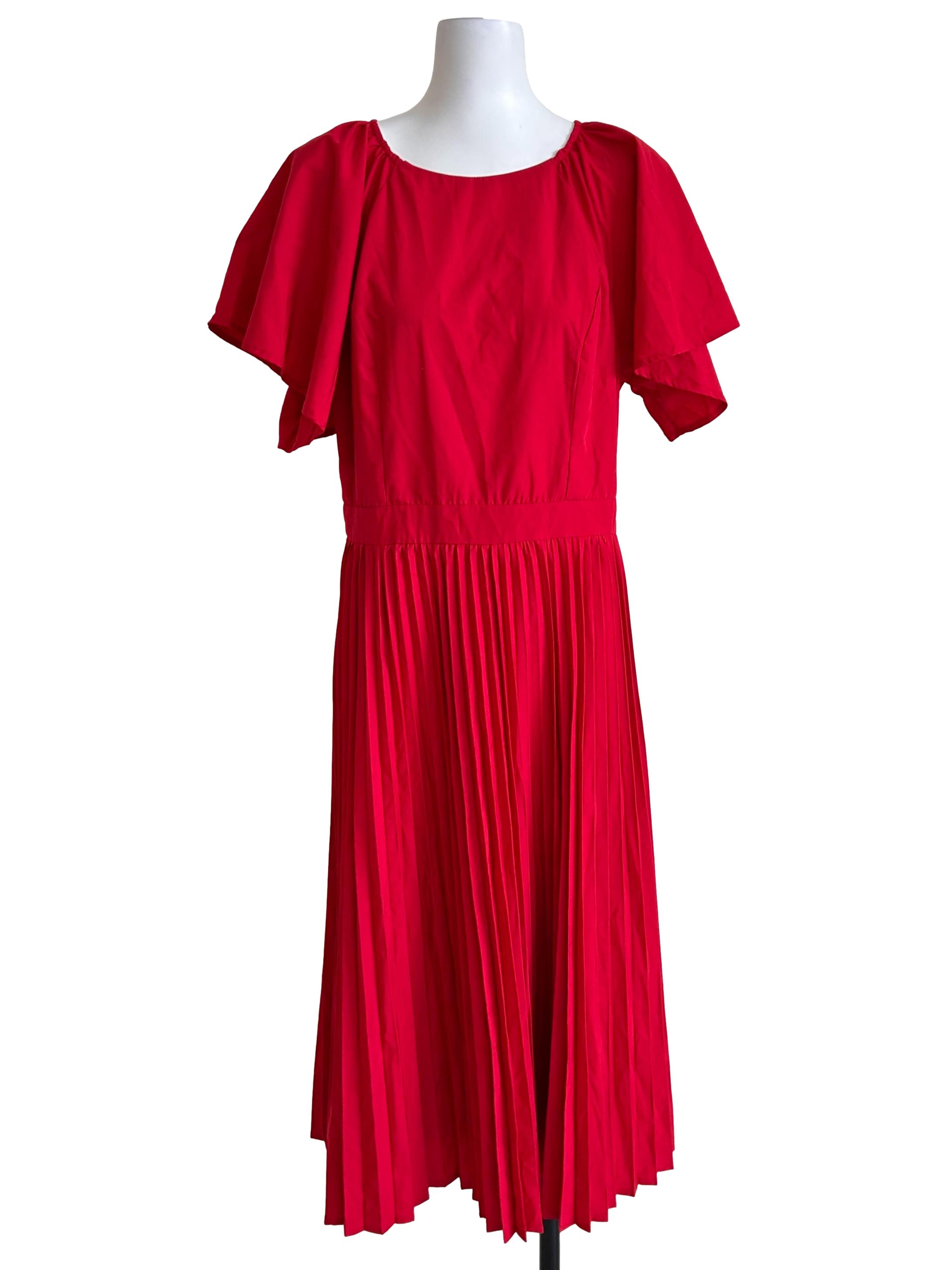 Red Ruffle Sleeve Pleated Dress