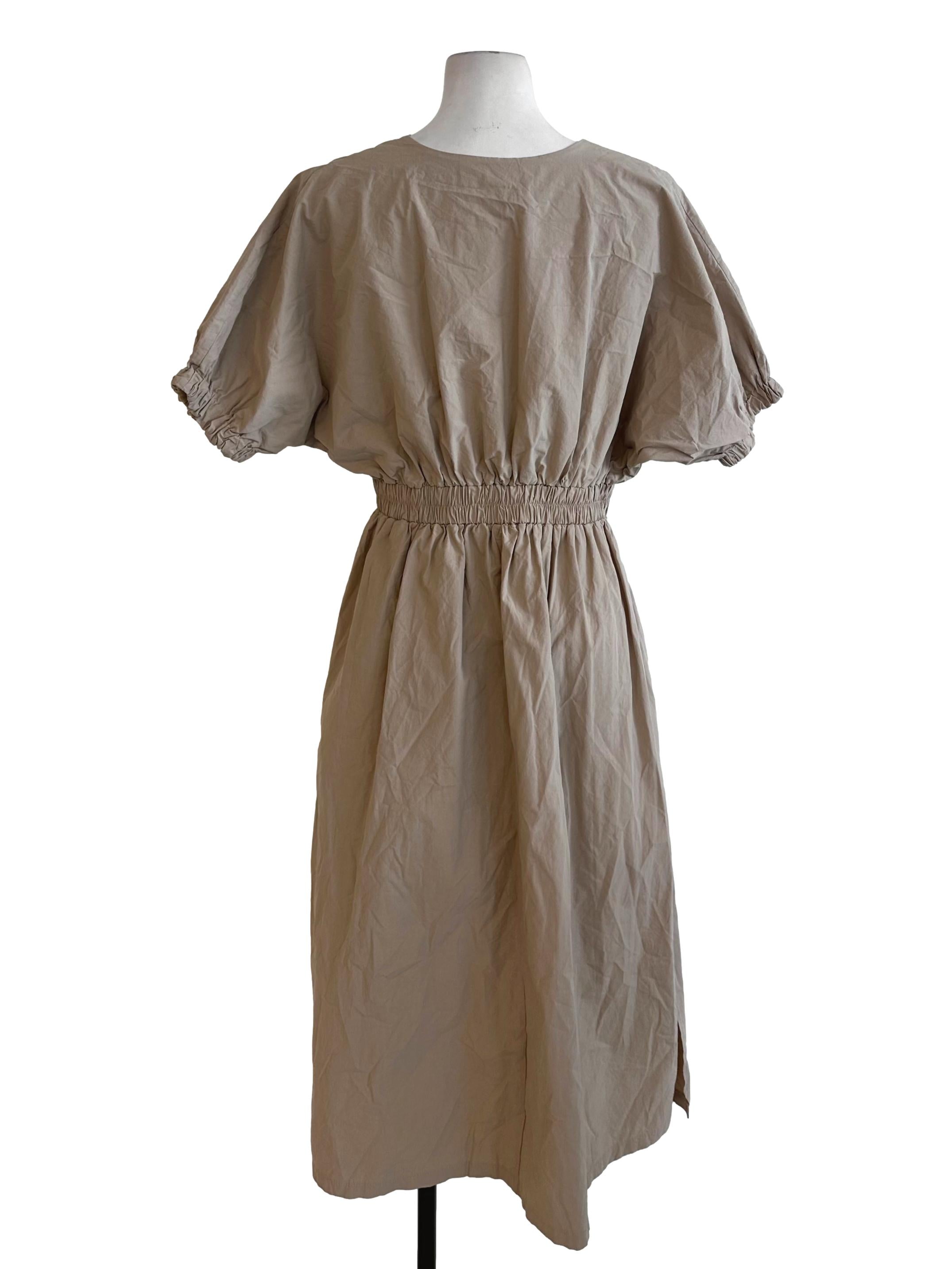 Latte Brown V Neck Puff Sleeve Dress TEM
