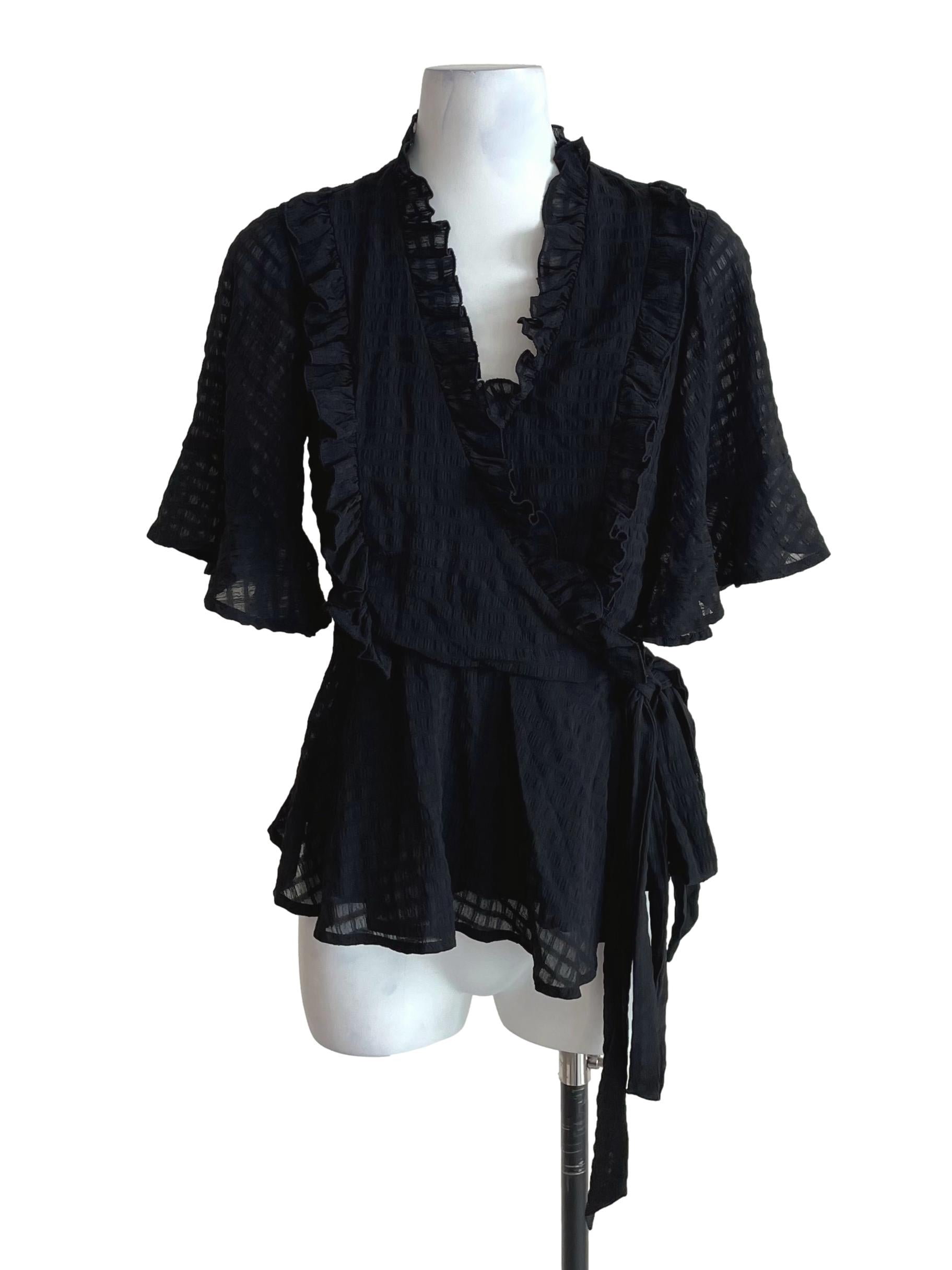 Black Plaid Ruffles Wrap Top