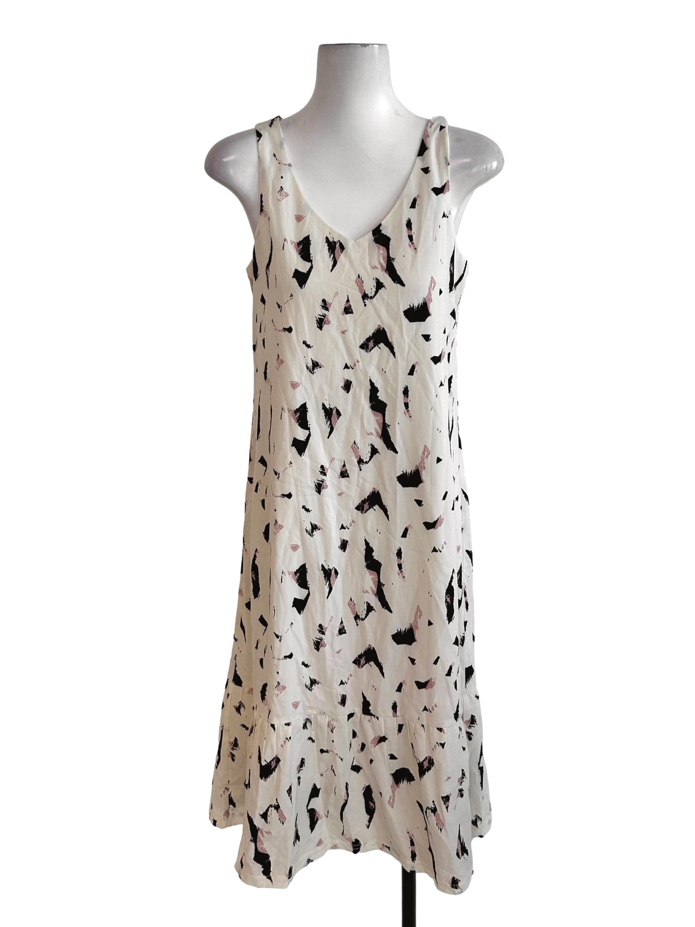Cream Beige Pattern V Neck Dress