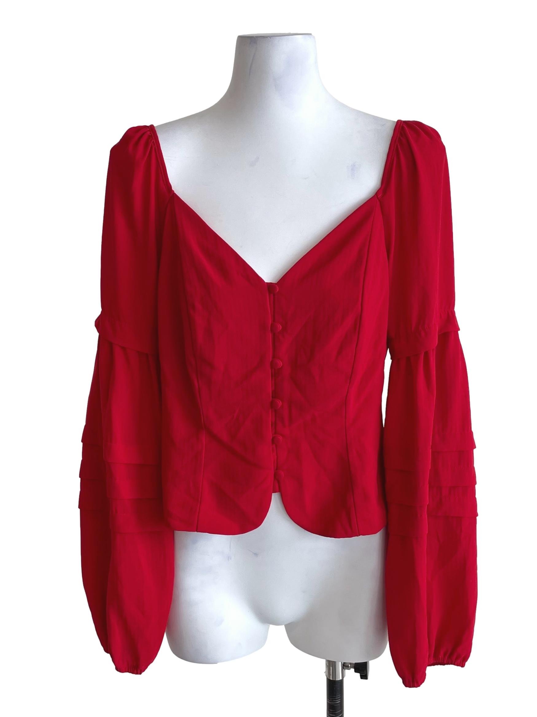 Candy Red Pleated Puff Sleeves Crop Top
