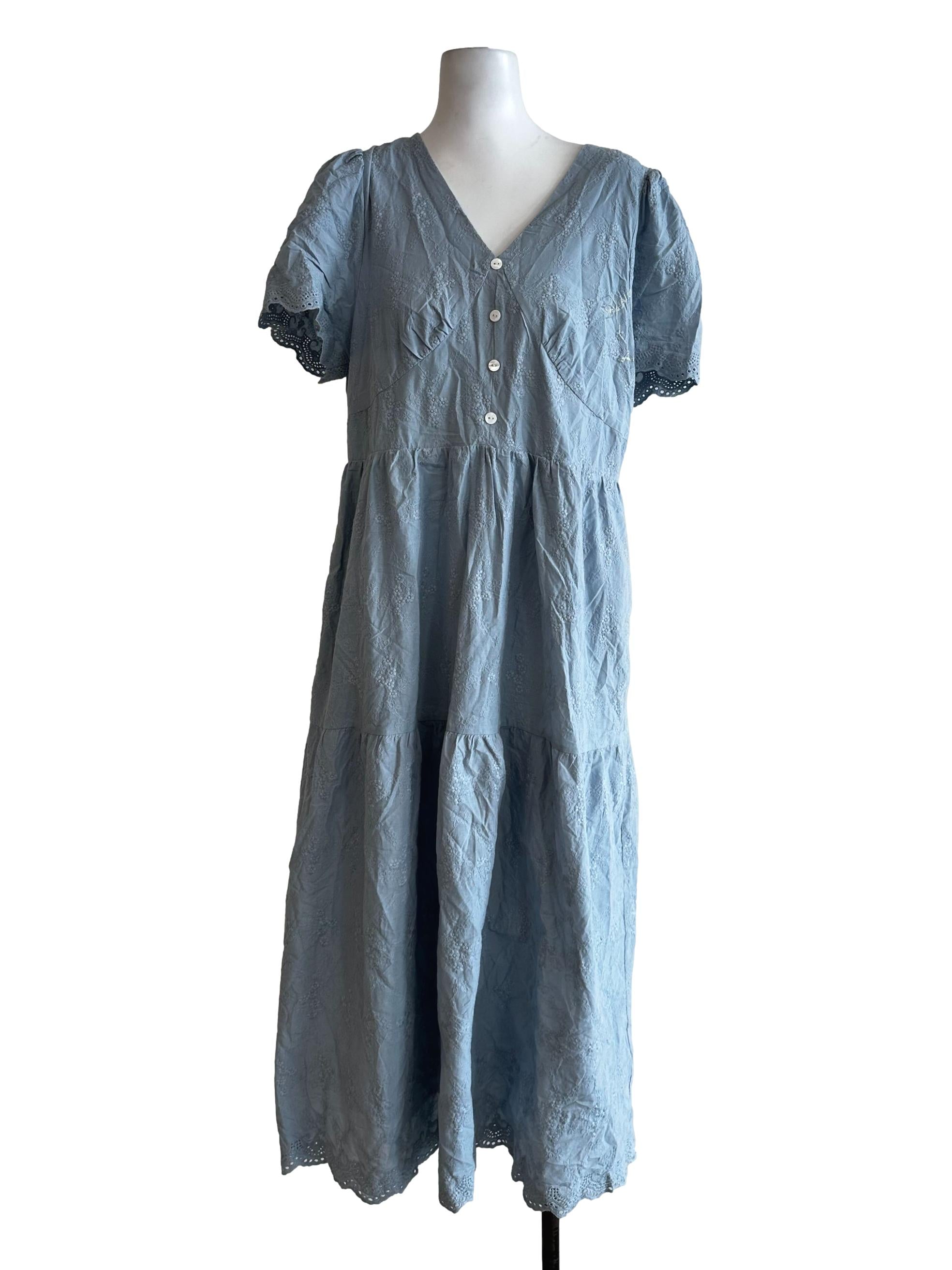 Stone Blue Embroidery Pattern Dress