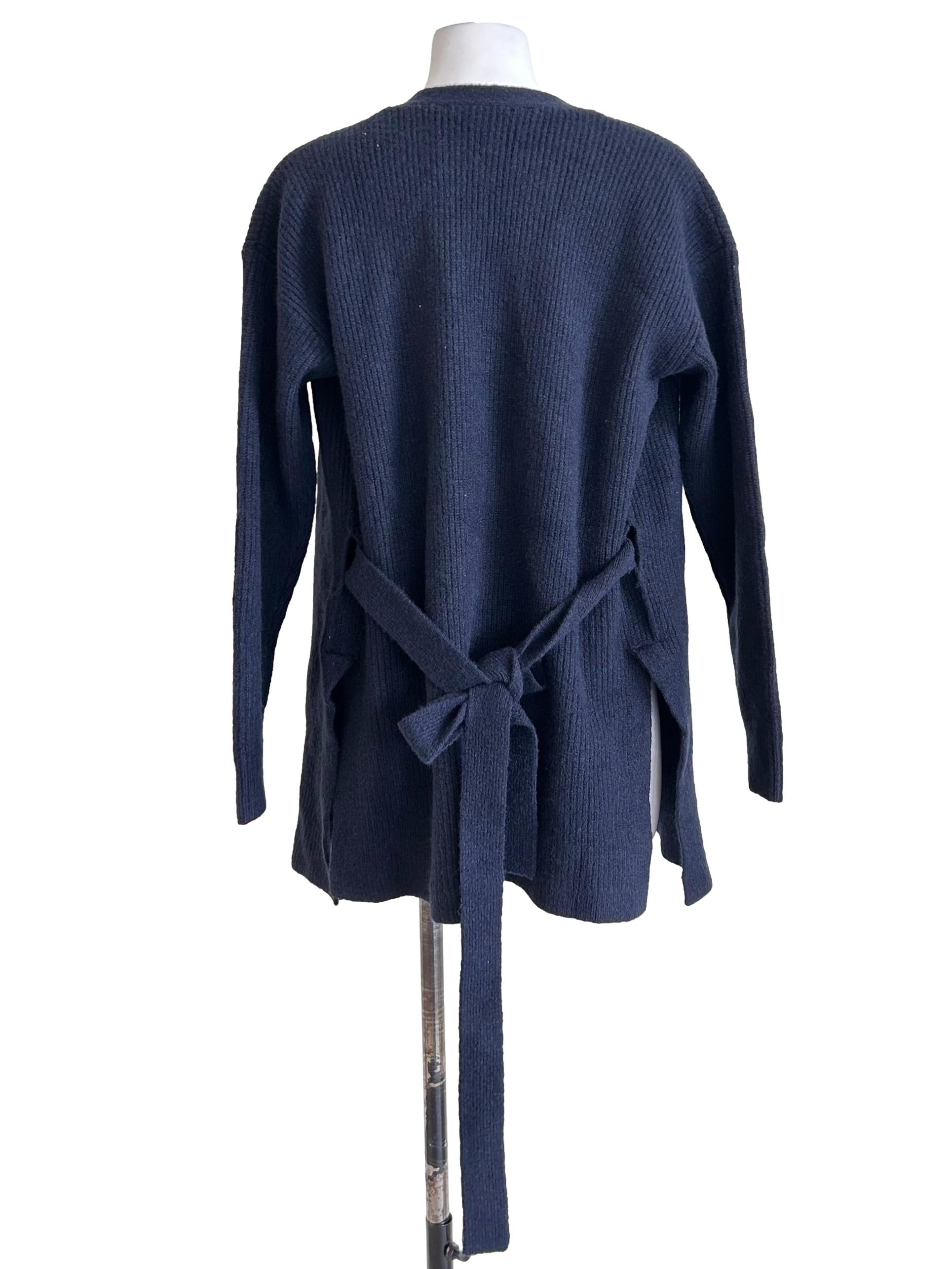 Long-Sleeved Navy Blue Ribbed Knit Open Cardigan
