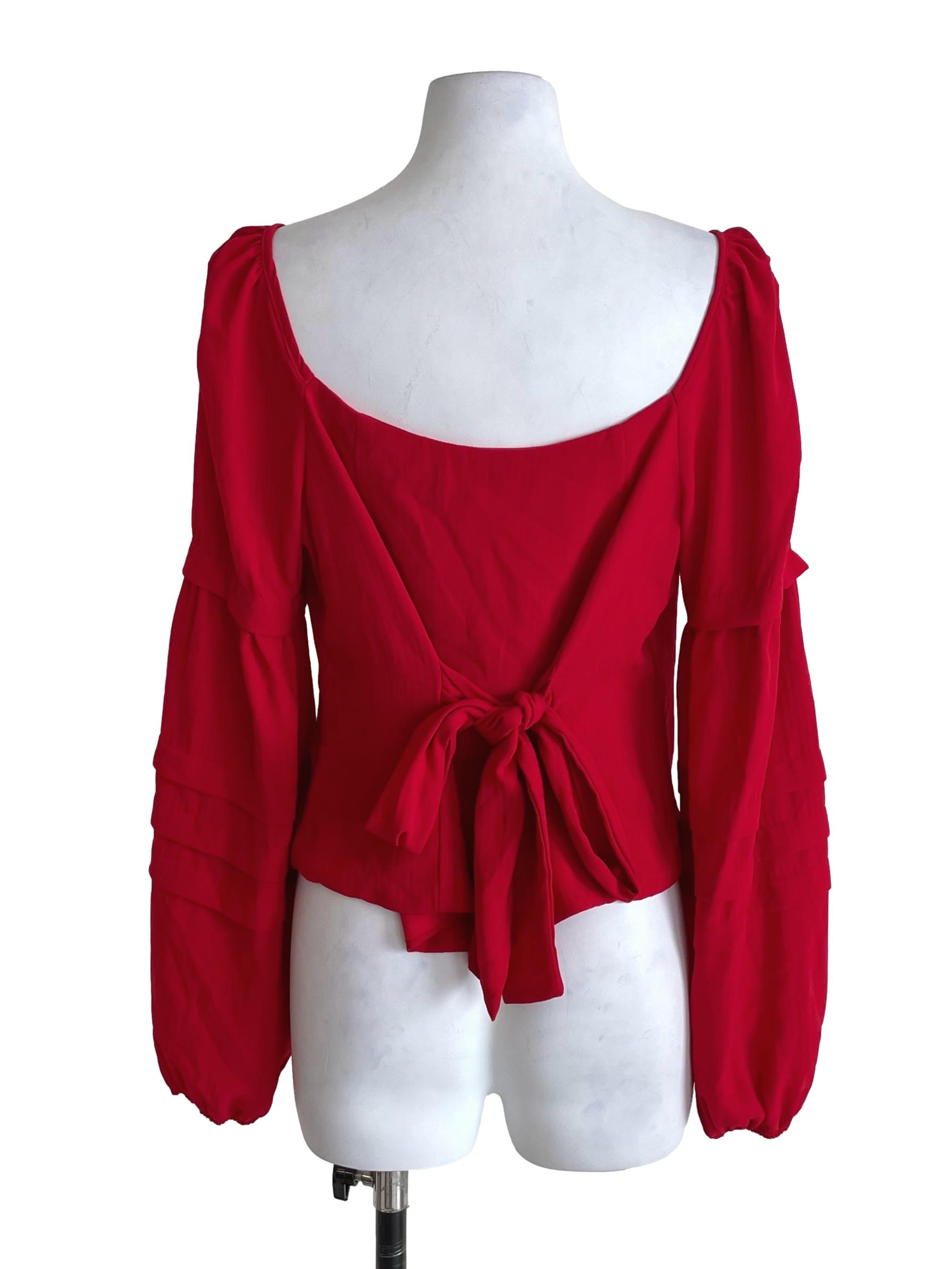 Candy Red Pleated Puff Sleeves Crop Top