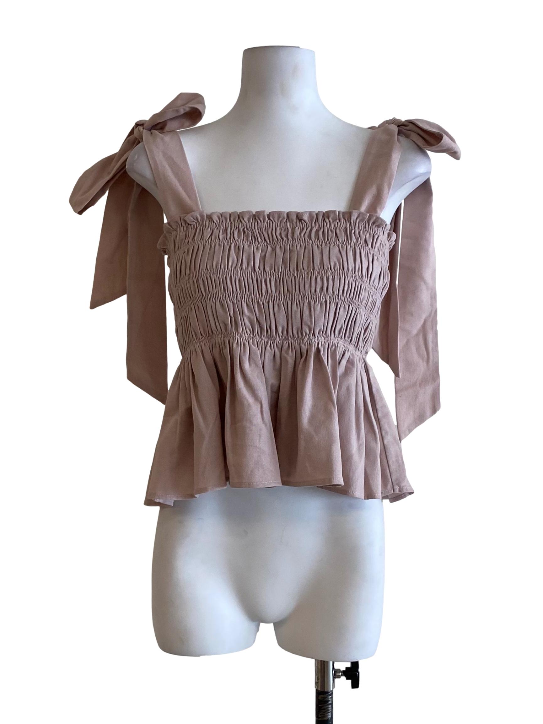 Dusty Rose Pink Pleated Design With Ribbon Shoulder Square Top