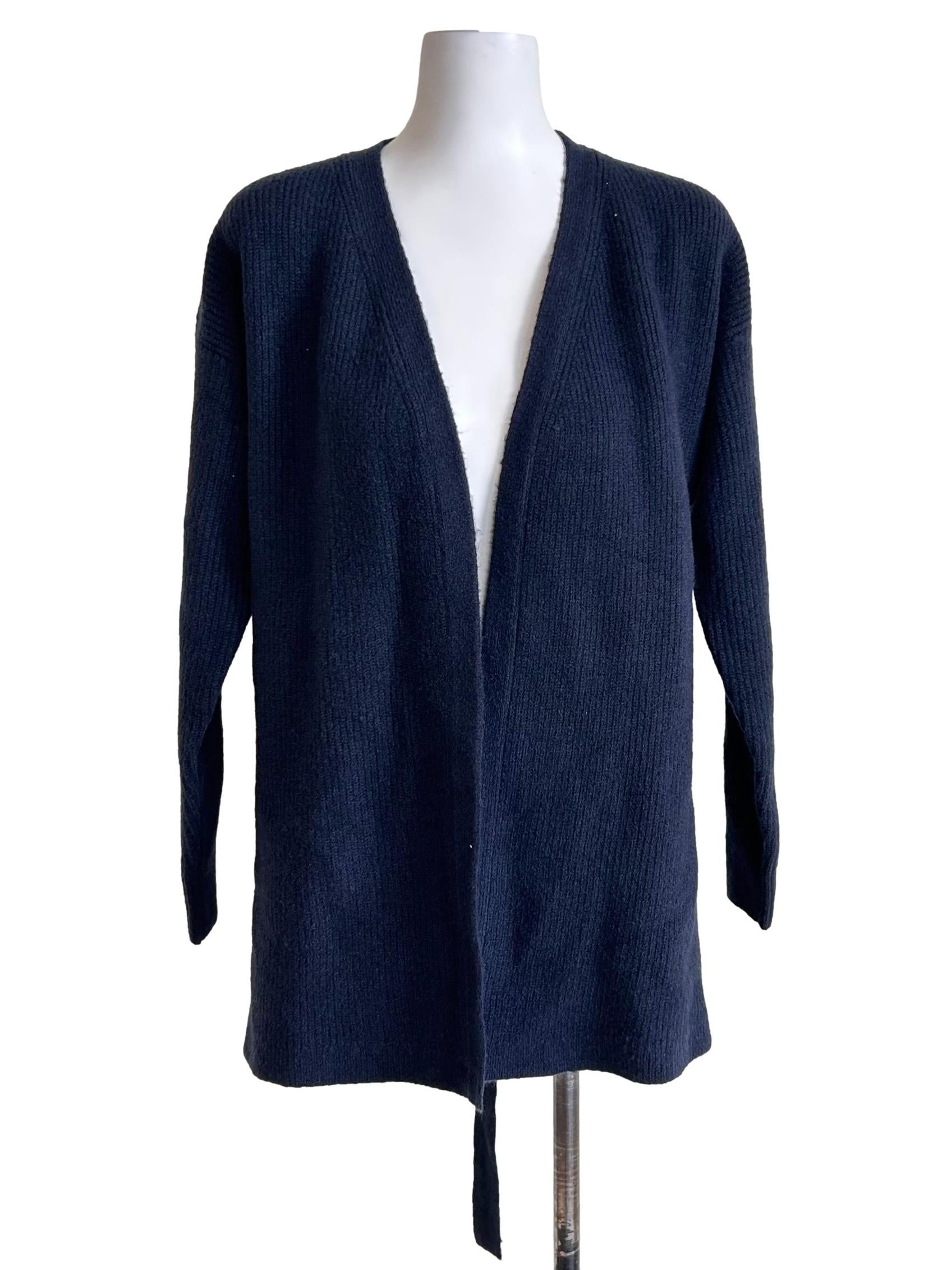 Long-Sleeved Navy Blue Ribbed Knit Open Cardigan