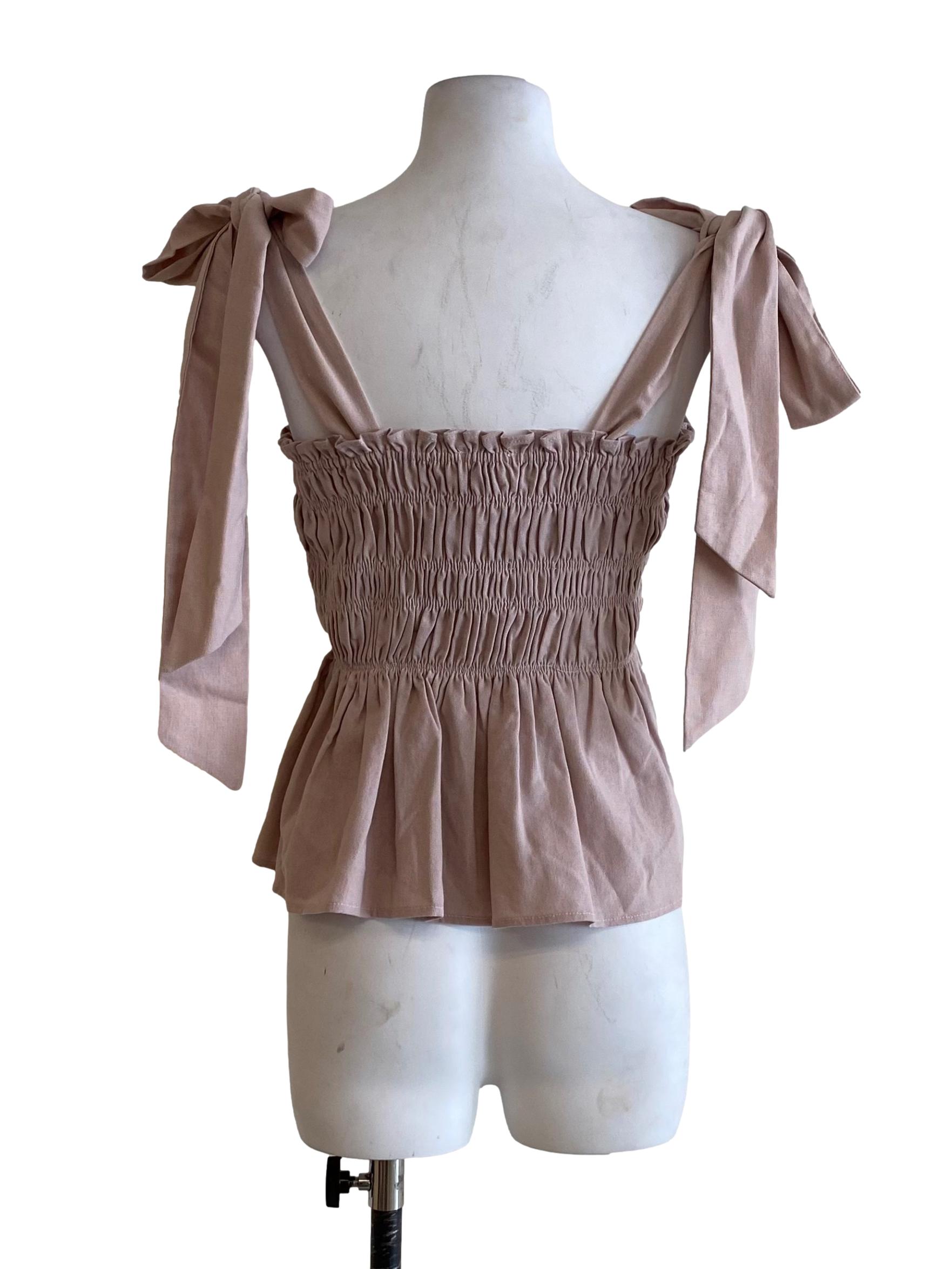 Dusty Rose Pink Pleated Design With Ribbon Shoulder Square Top