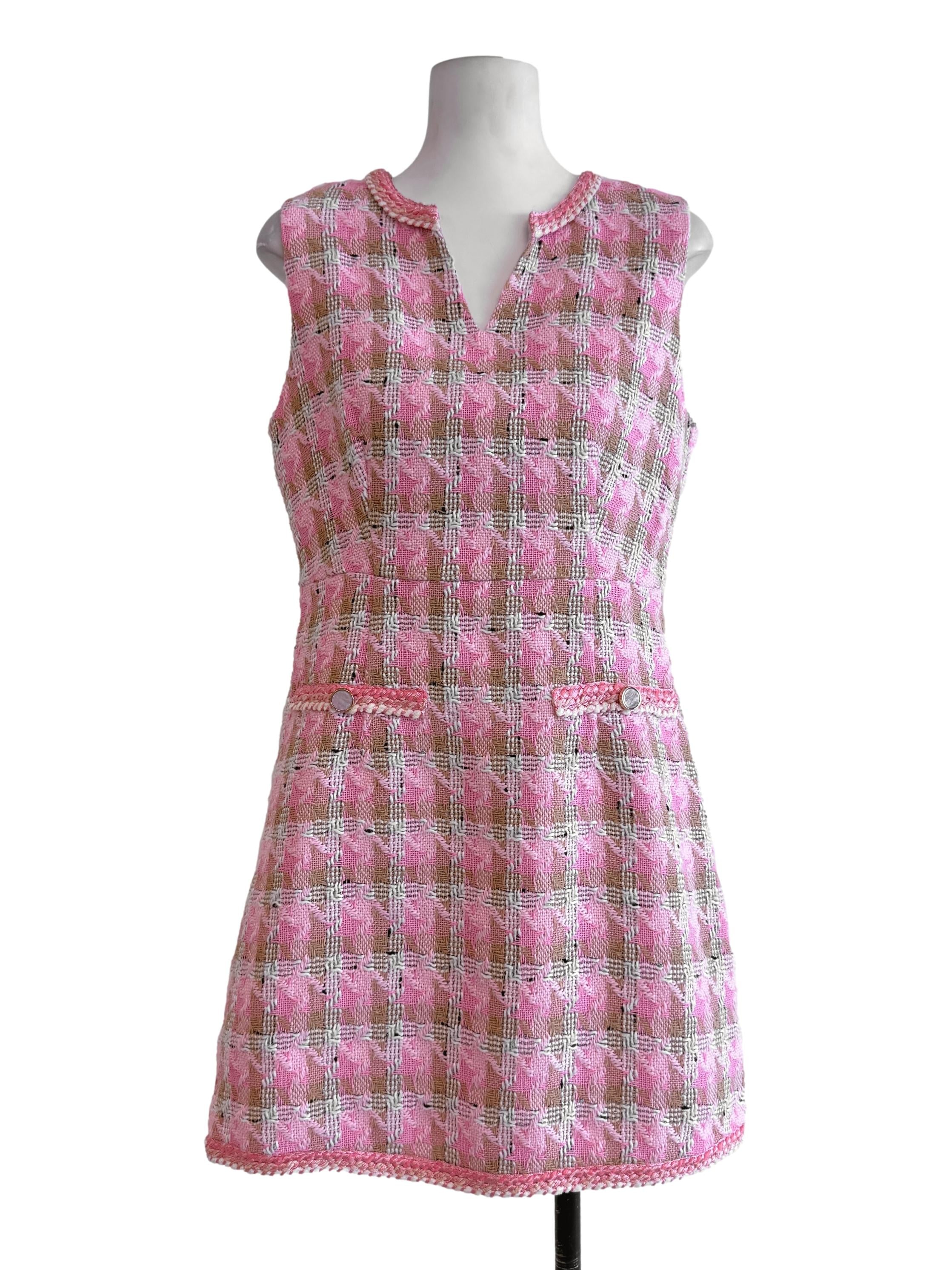 Pink-Checked Sleeveless A-Line Dress