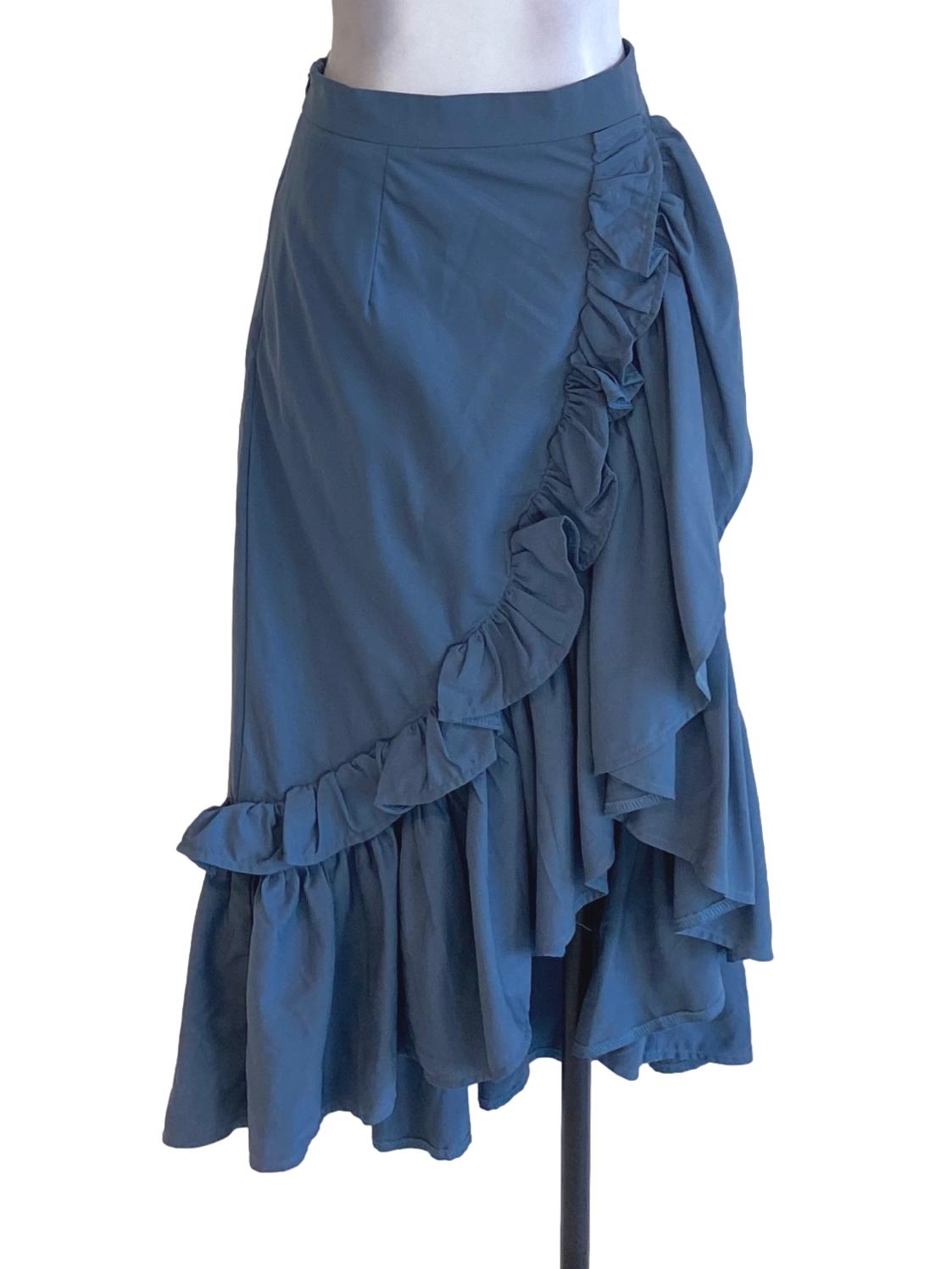 Dark Ash Blue Ruffle Detail Asymmetrical Long Skirt