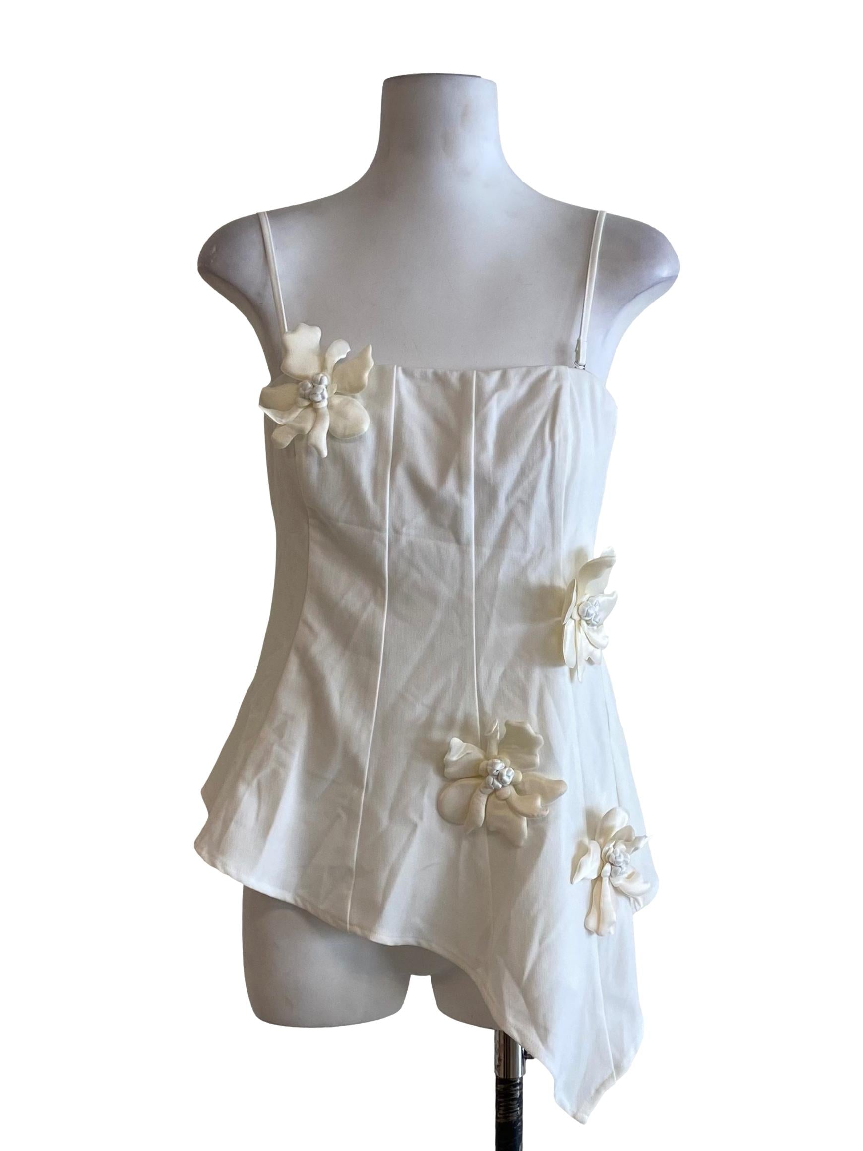 Parchment White Flower Asymmetrical Sleeveless Top