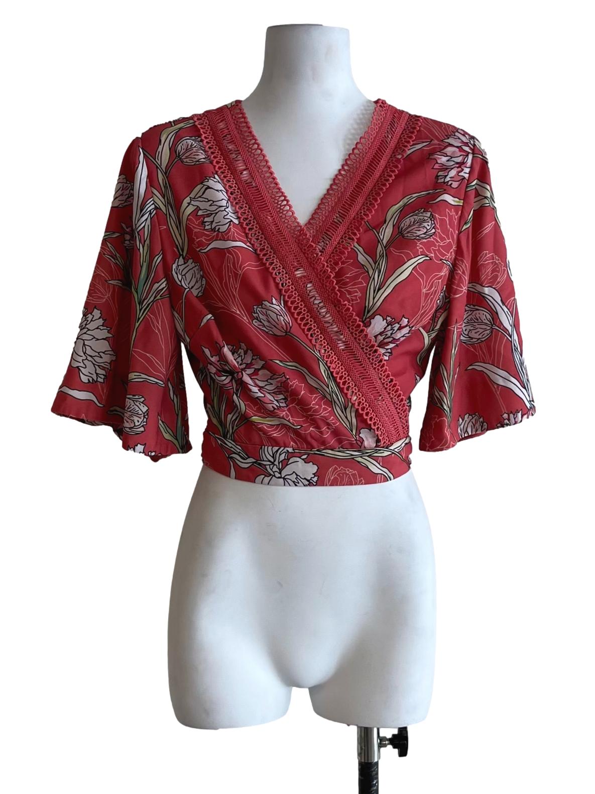 Strawberry Pink Floral Wrap Blouse