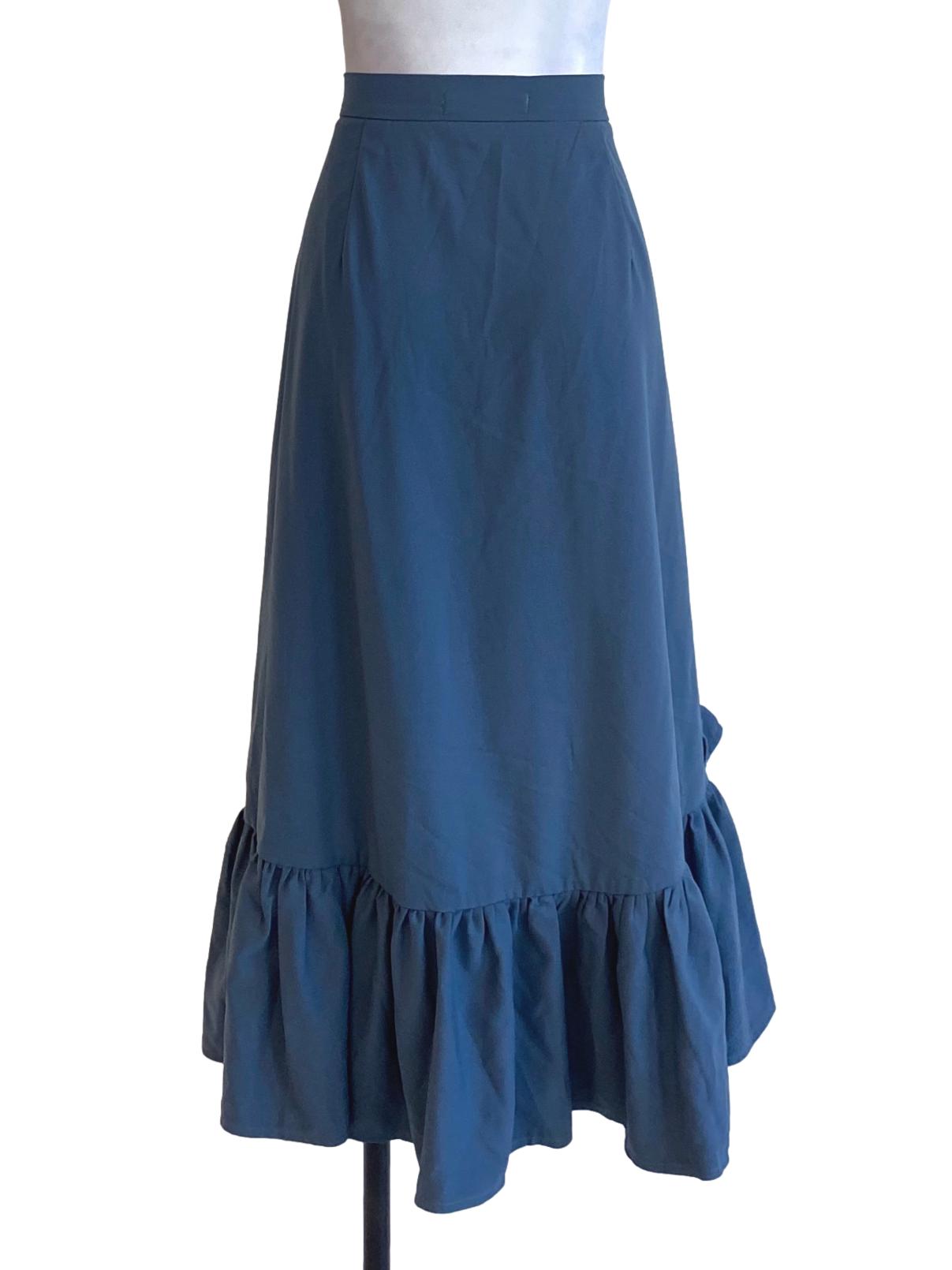 Dark Ash Blue Ruffle Detail Asymmetrical Long Skirt