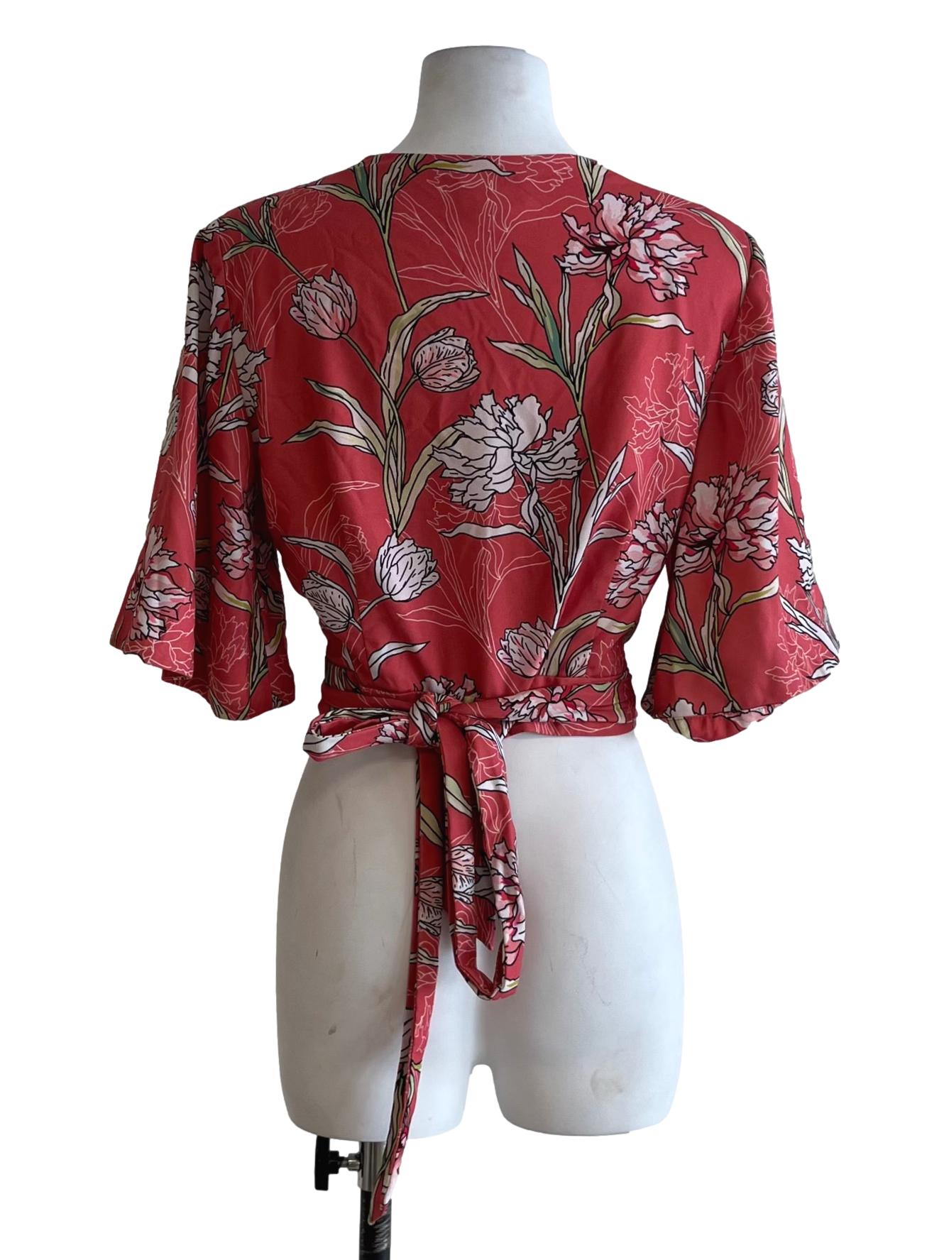 Strawberry Pink Floral Wrap Blouse