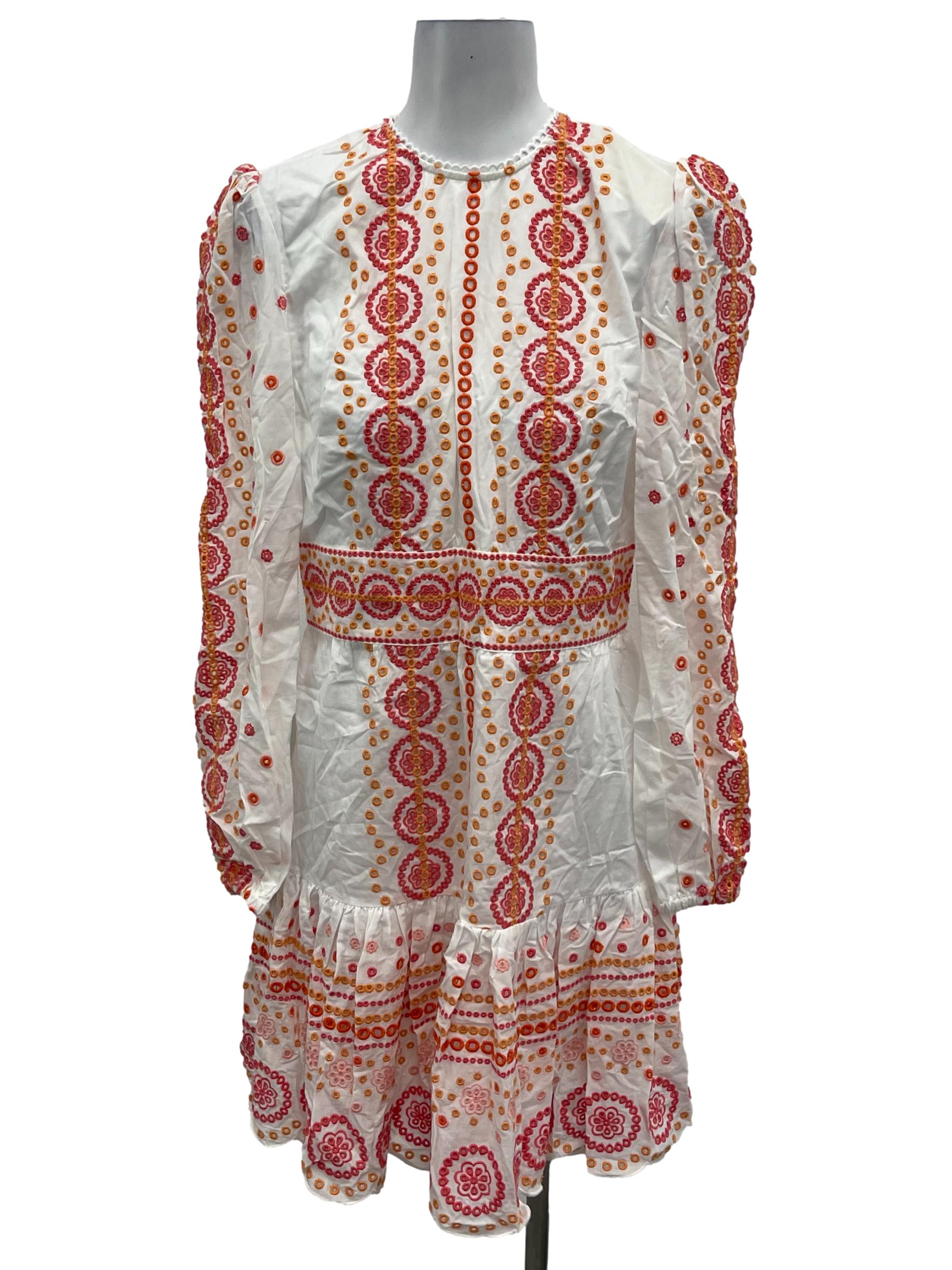 Michael Kors White Roundneck Dress With Pink And Orange Floral Eyelet