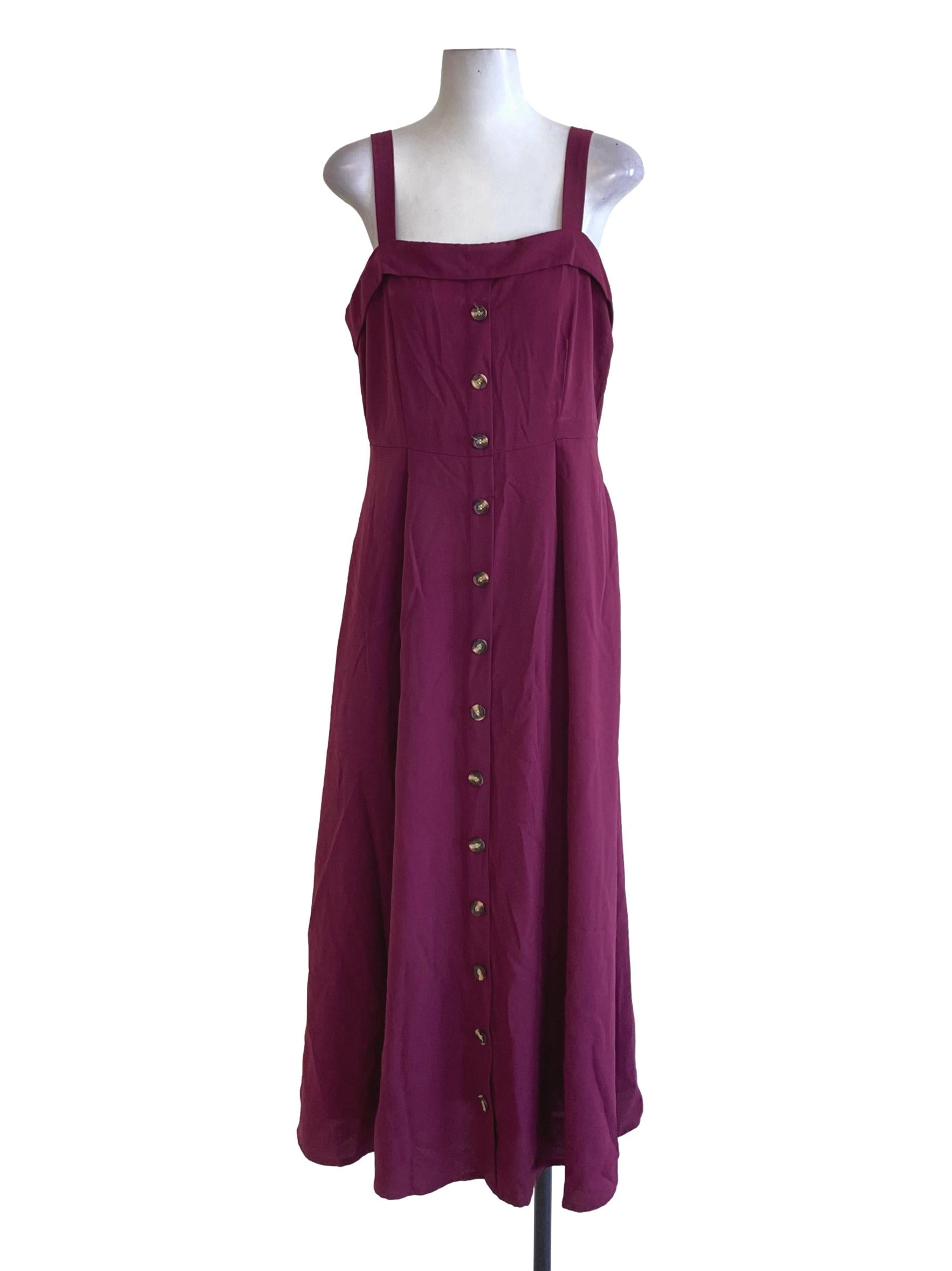 Plum Purple Buttoned Down Square Neck Apron Dress