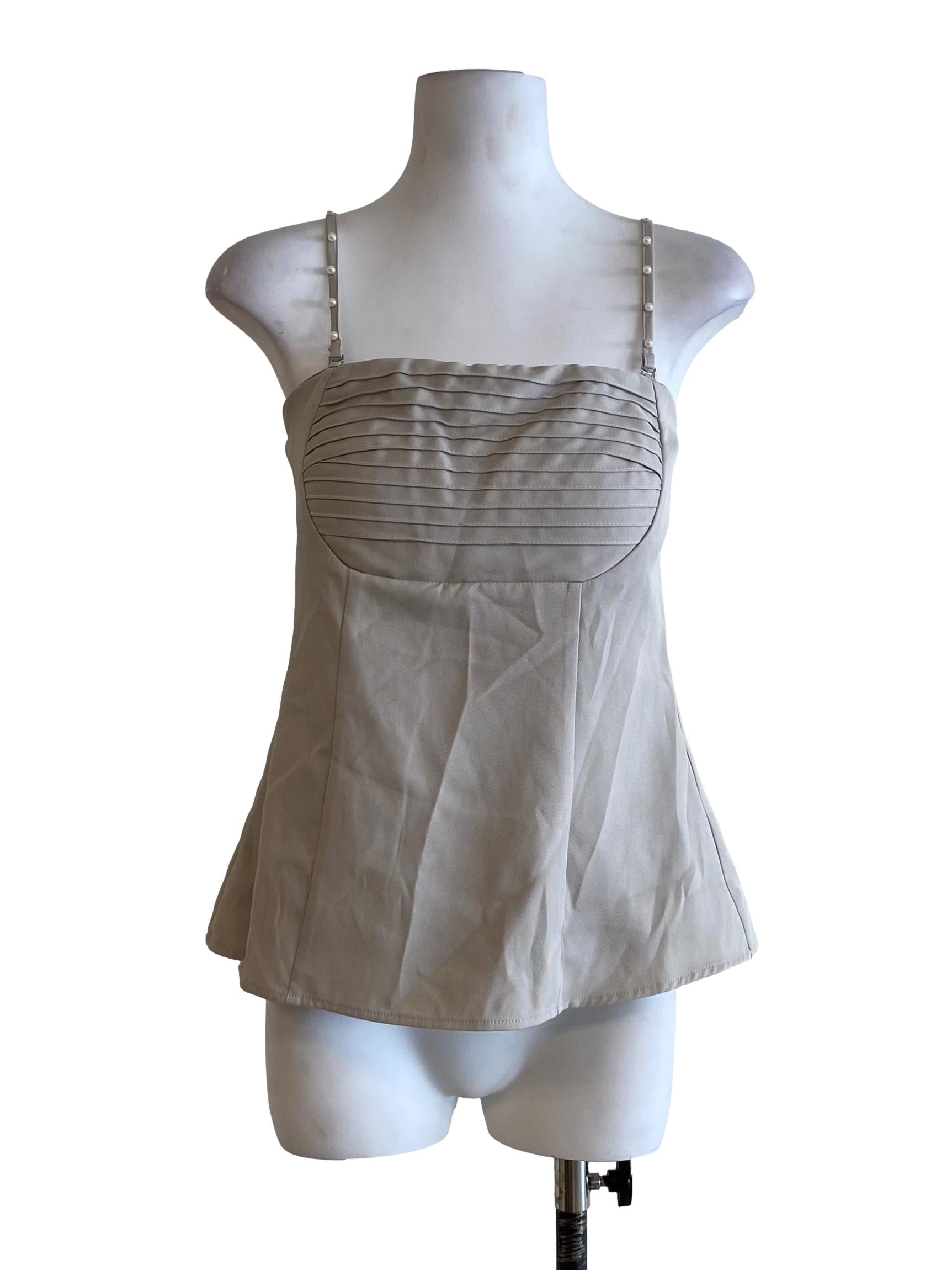 Light Grey Pleated Pearl Strap Sleeveless Top