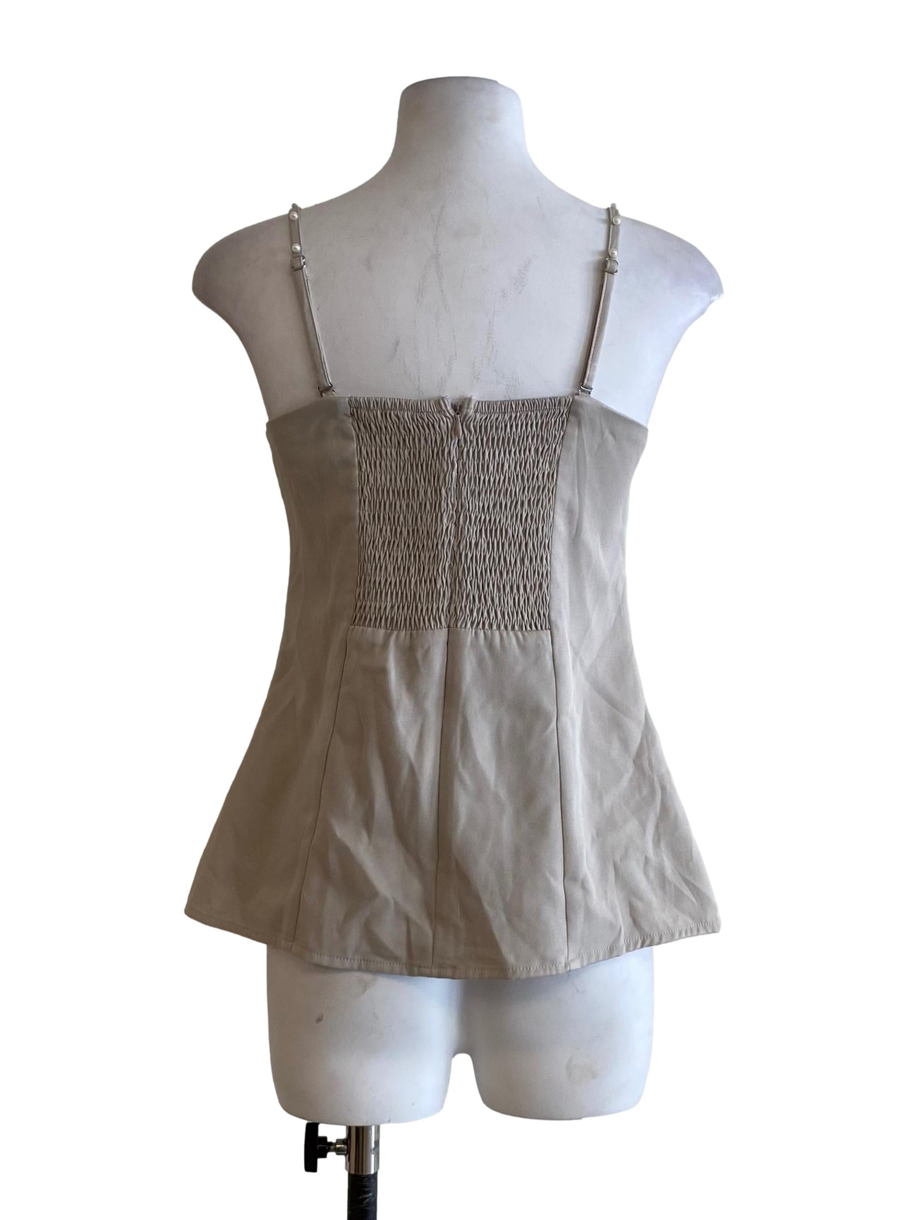 Light Grey Pleated Pearl Strap Sleeveless Top