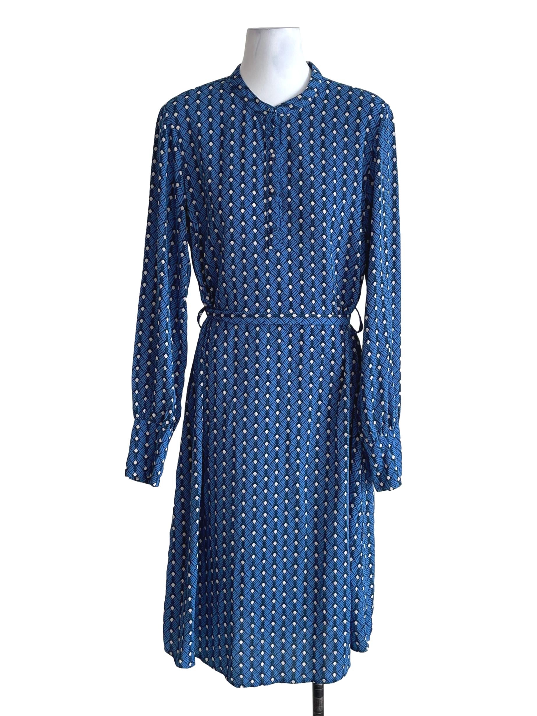 Blue Geo Print Henley Shirt Dress