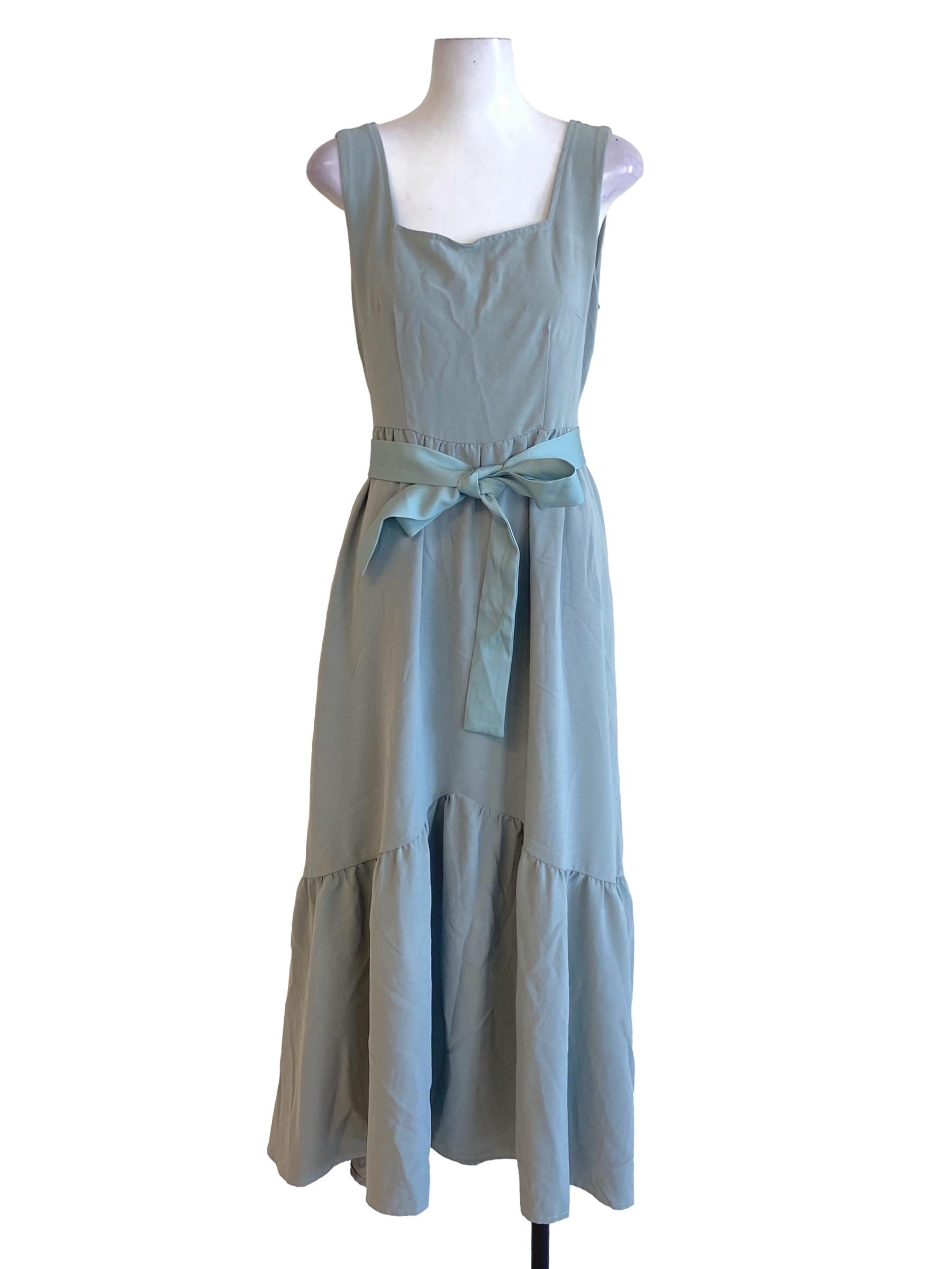 Sage Green Square Neck Bow Layered Empire Dress TTR