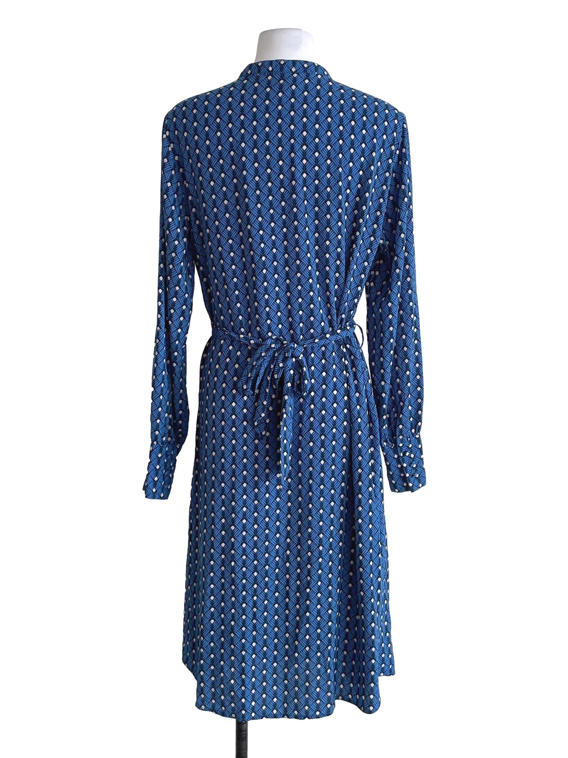 Blue Geo Print Henley Shirt Dress