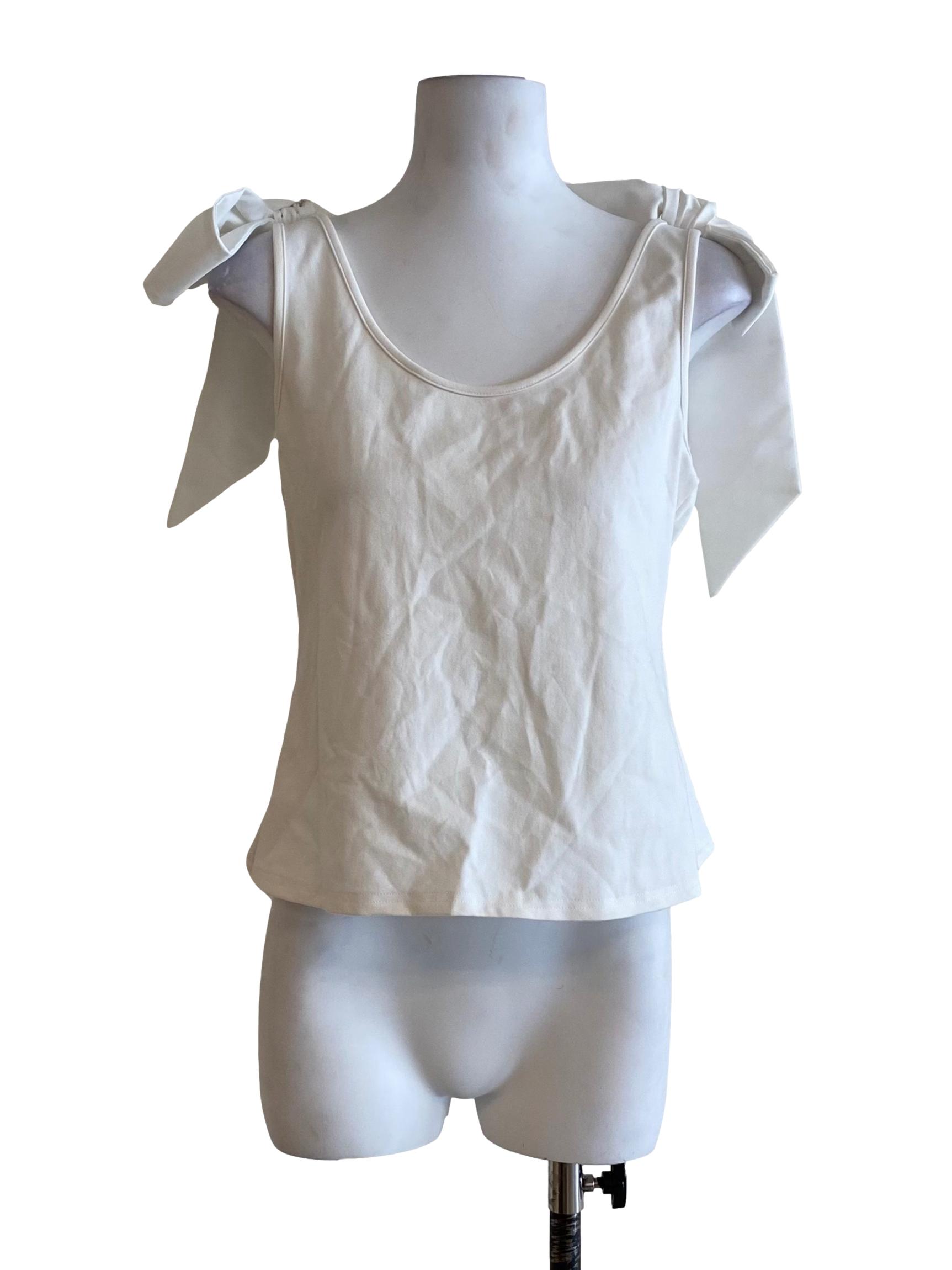 Pearl White With Ribbon Tie Strap Shoulder Sleeveless Plain Top