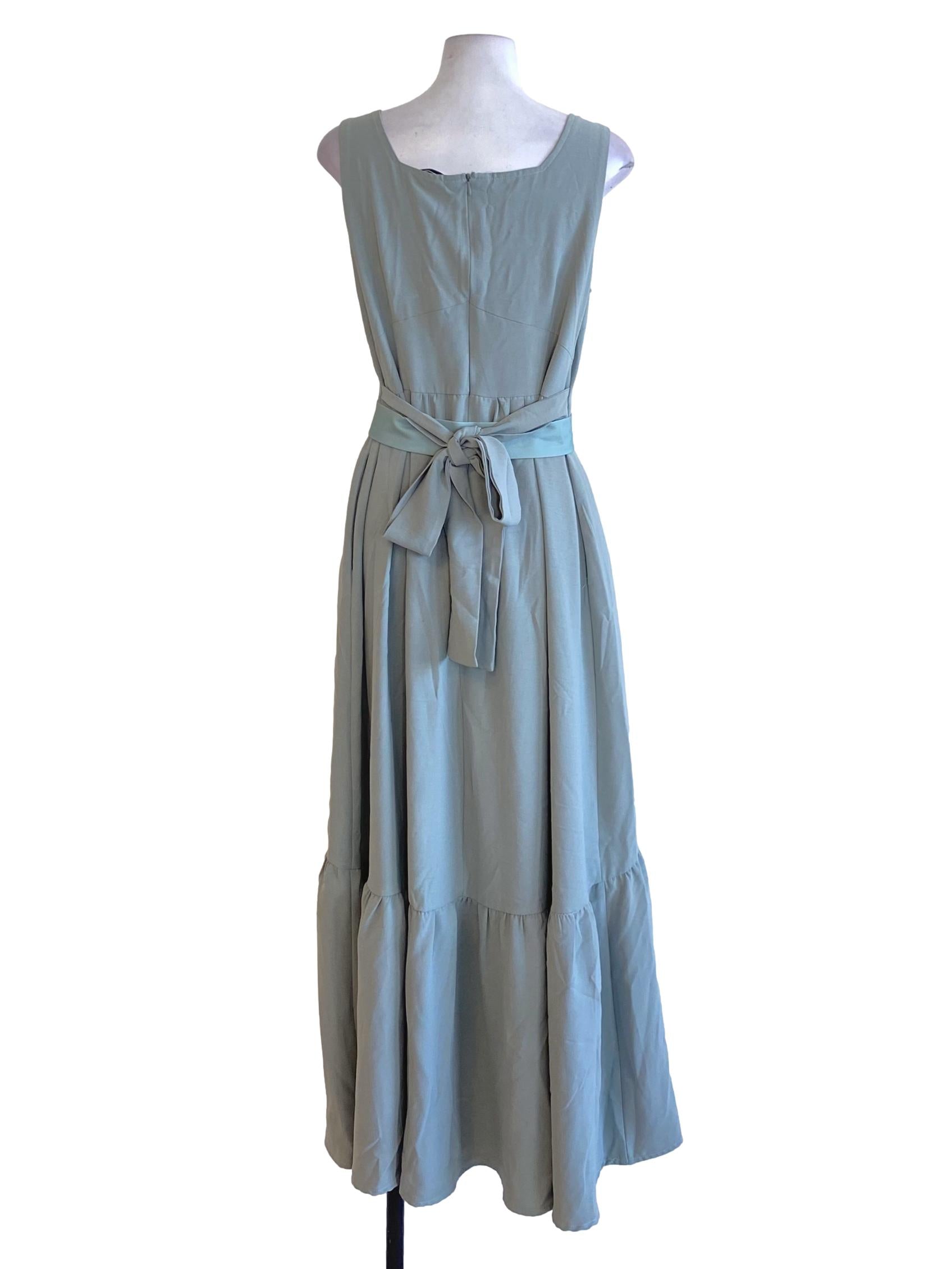 Sage Green Square Neck Bow Layered Empire Dress TTR