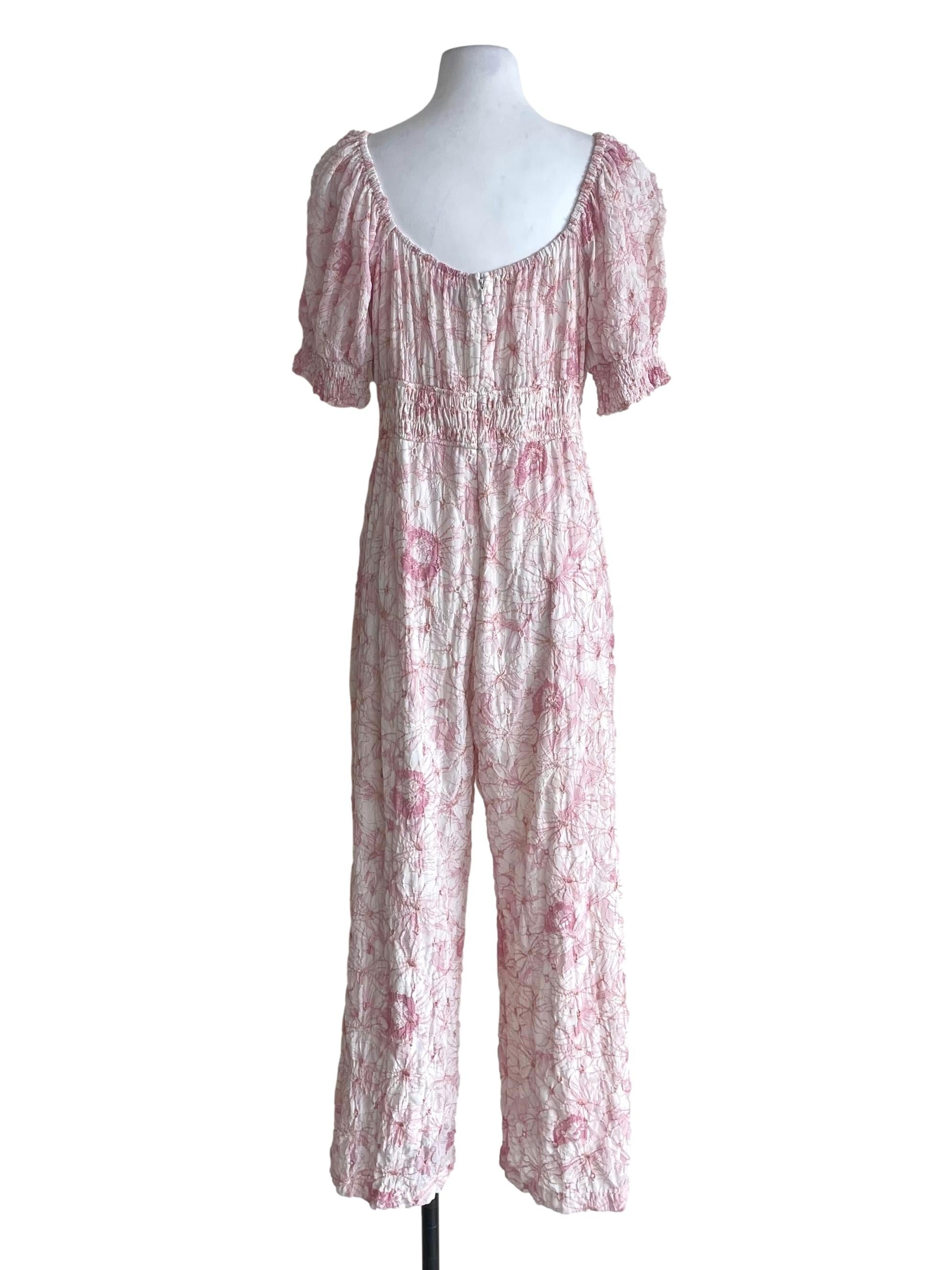 Pink Floral Puff Sleeves Shirred Jumpsuit