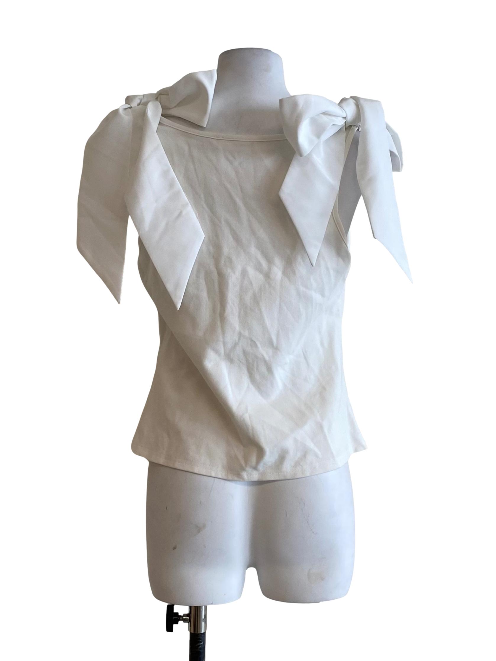 Pearl White With Ribbon Tie Strap Shoulder Sleeveless Plain Top