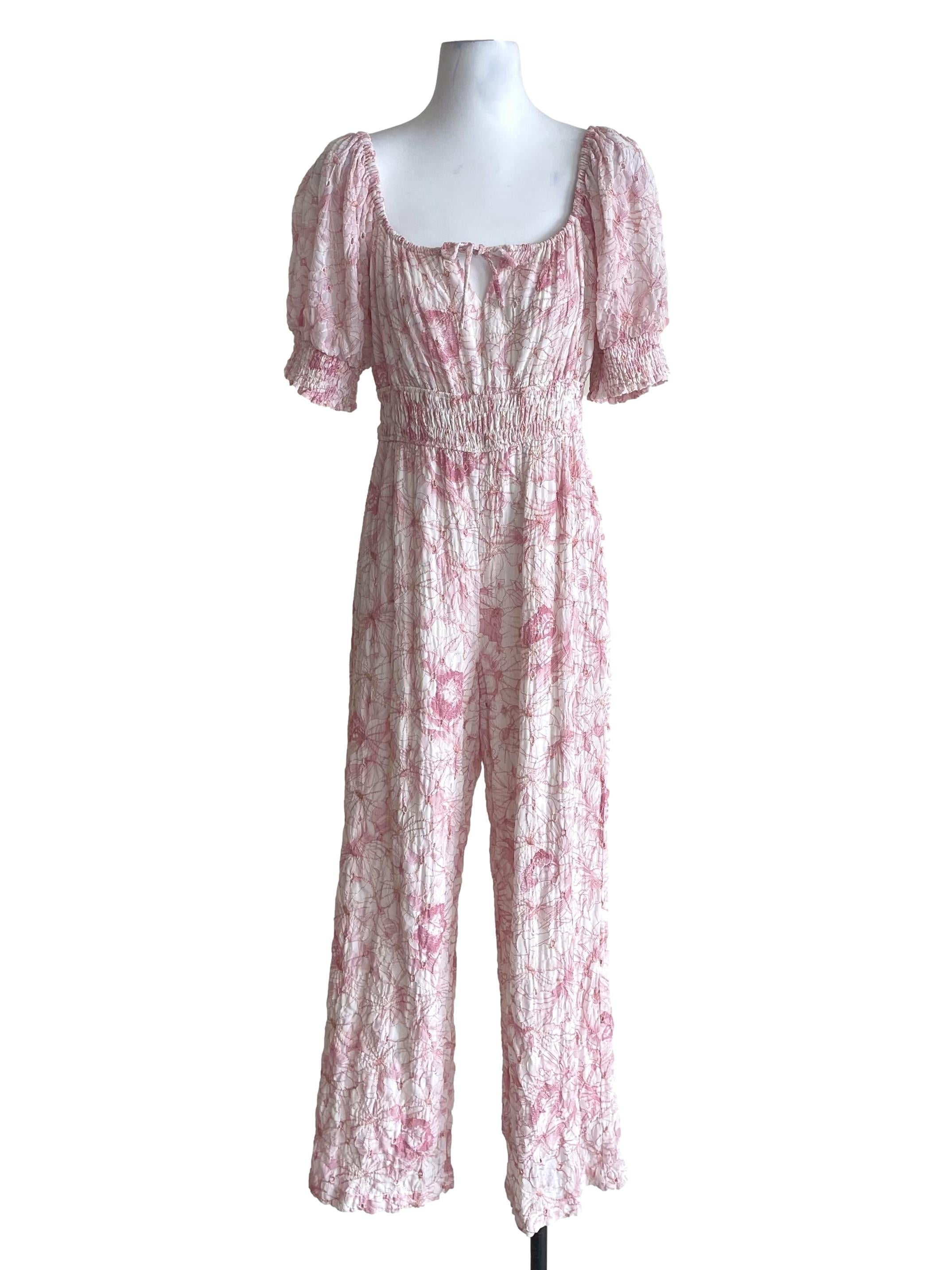 Pink Floral Puff Sleeves Shirred Jumpsuit