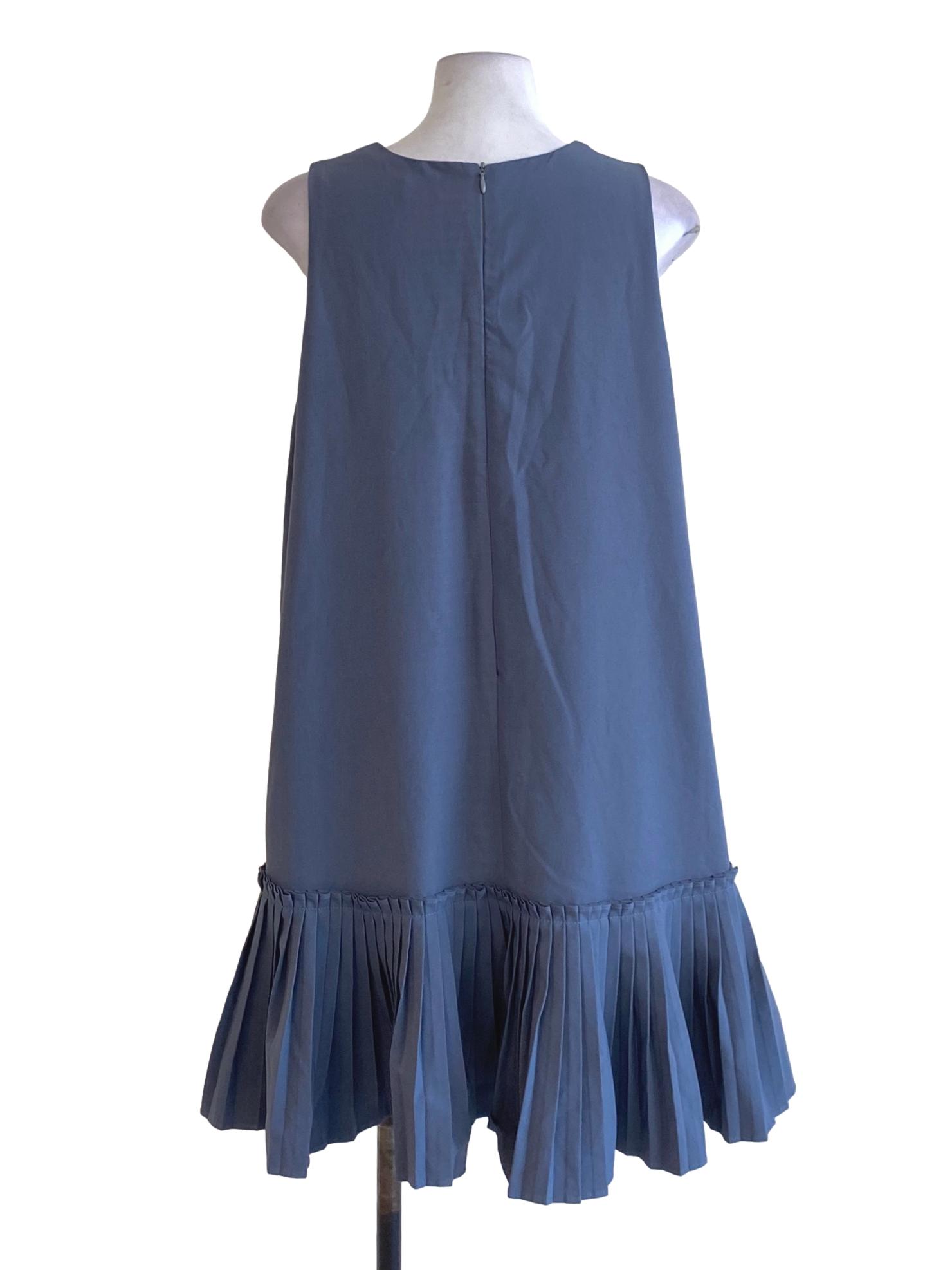 Dark Ash Blue Round Neck Pleated Hem Drop Waist Dress
