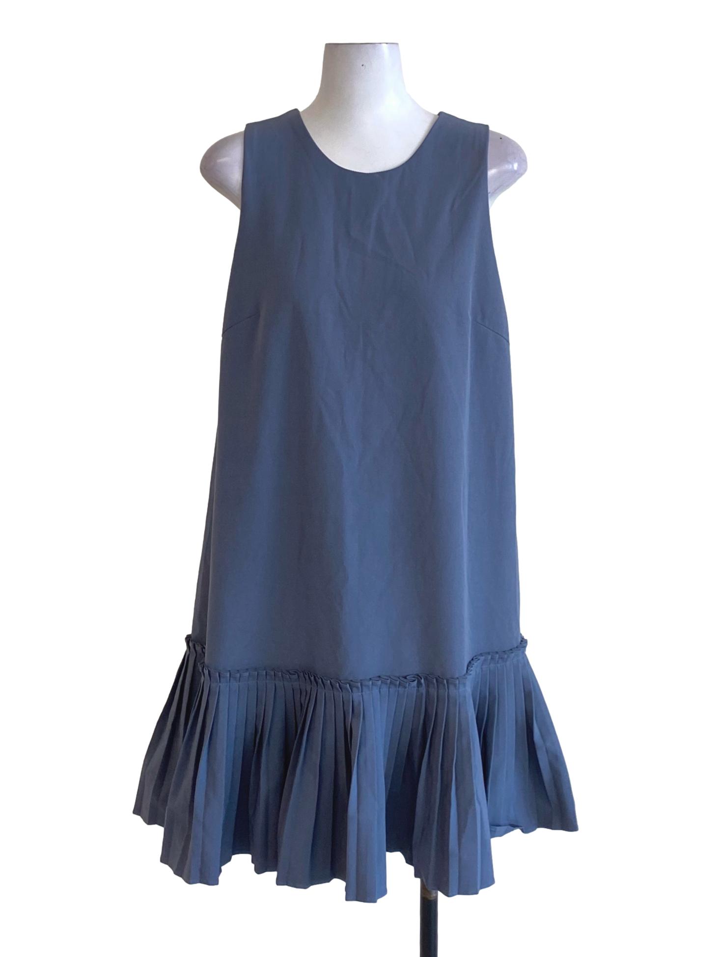 Dark Ash Blue Round Neck Pleated Hem Drop Waist Dress