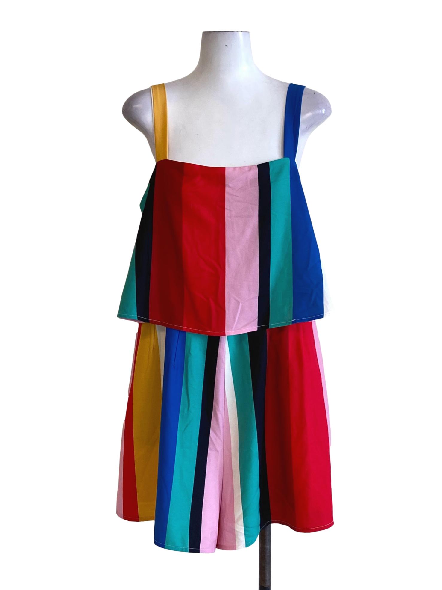 Colour Block Stripes Square Neck Cape Romper TTR