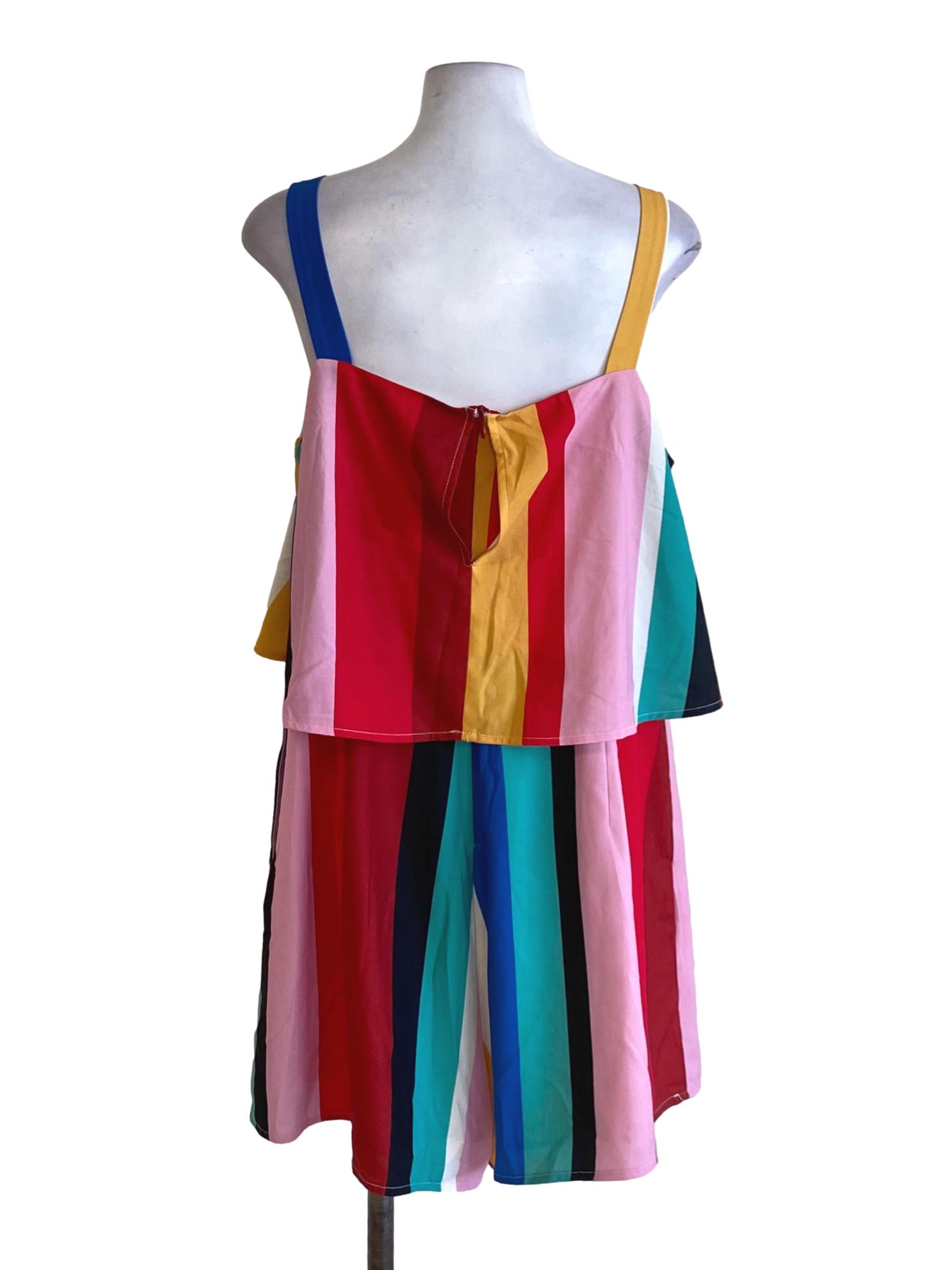 Colour Block Stripes Square Neck Cape Romper TTR