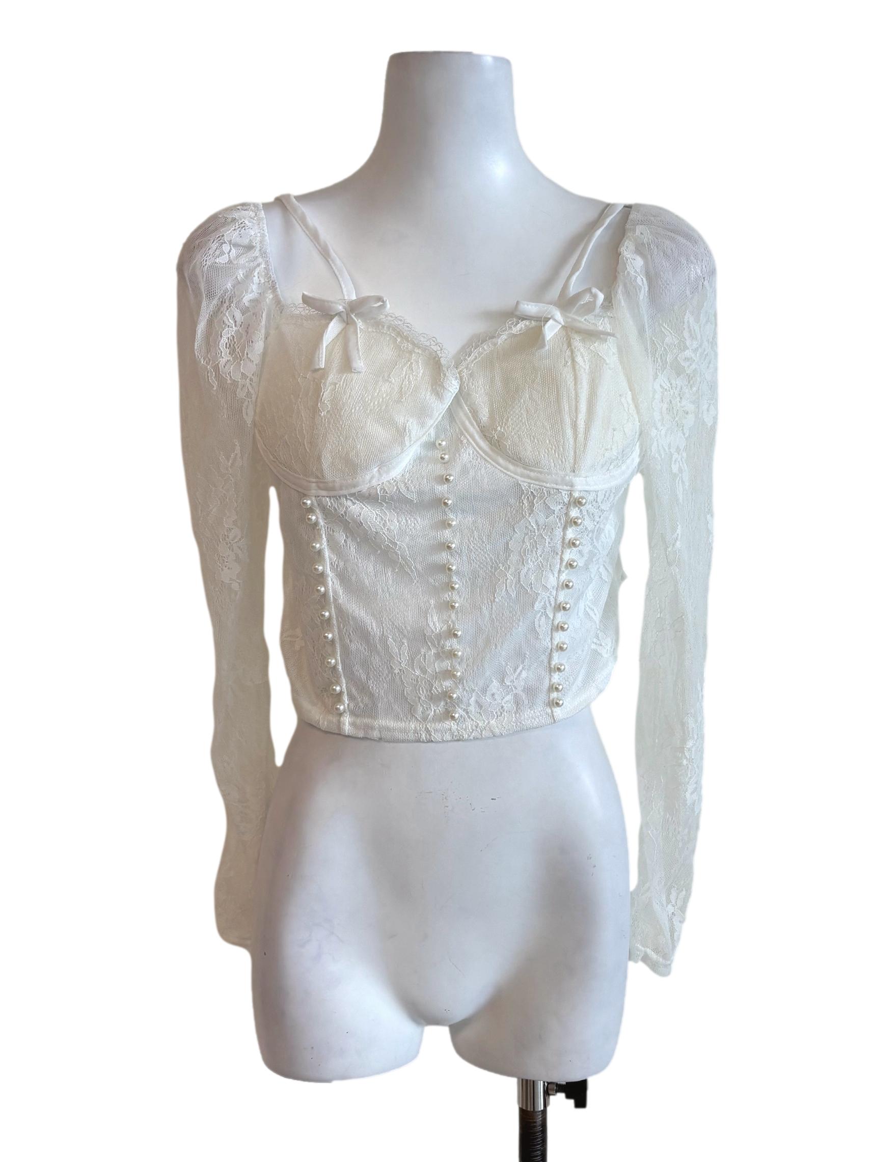 White Floral Lace Pearl Top