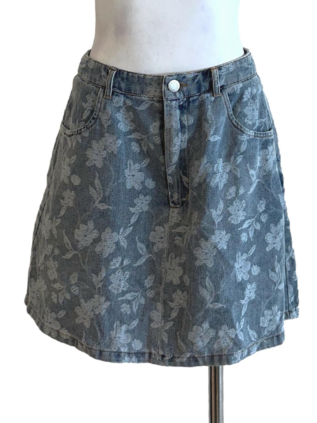 Washed Blue Floral Denim Skirts TCL