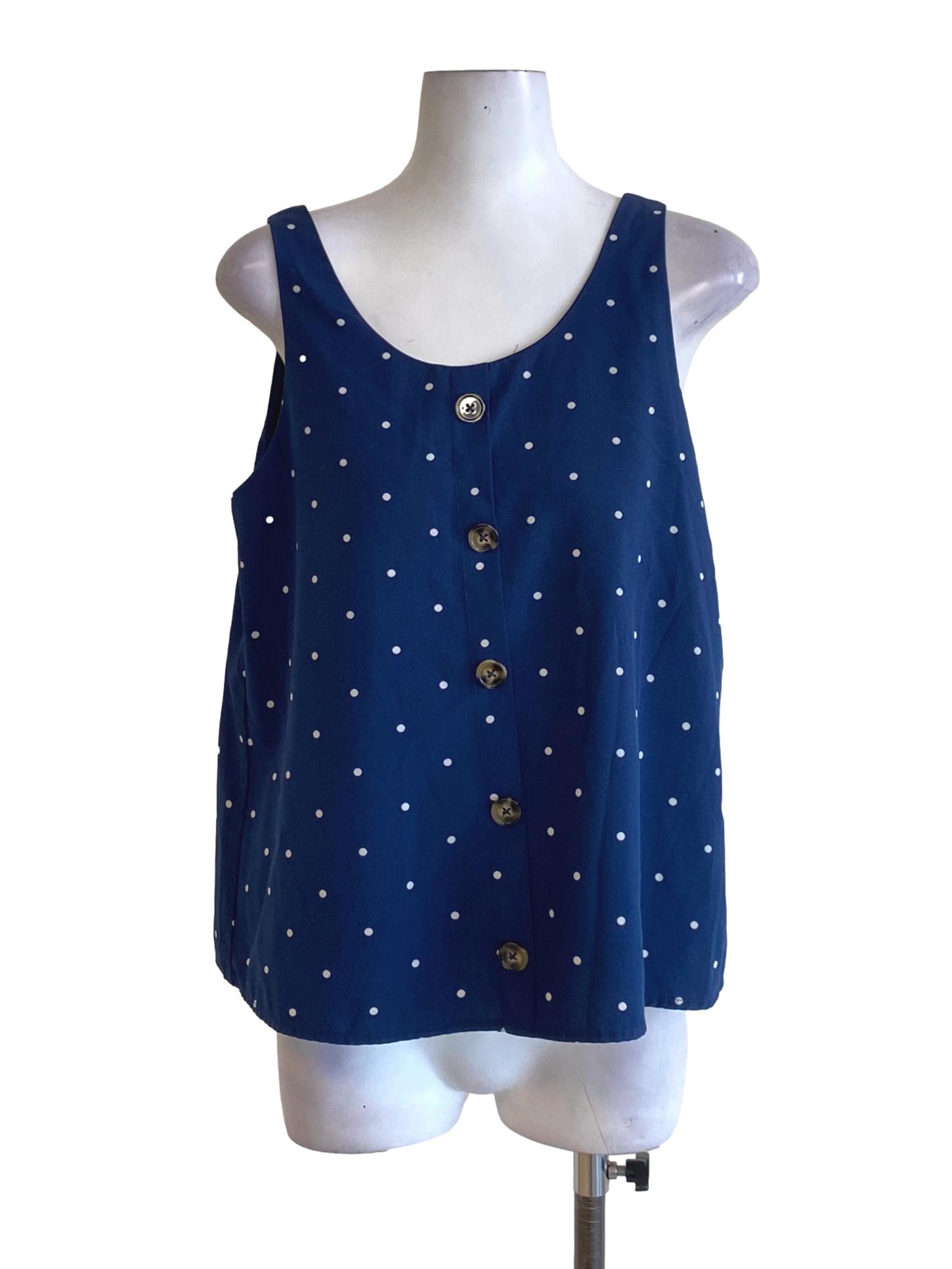 Navy Blue Polkadot Buttoned Down Round Neck Top