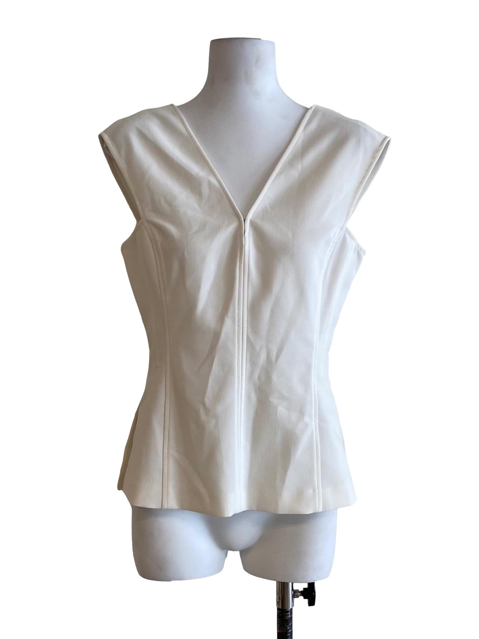 Cream White V-Neck Side Slits Sleeveless Top