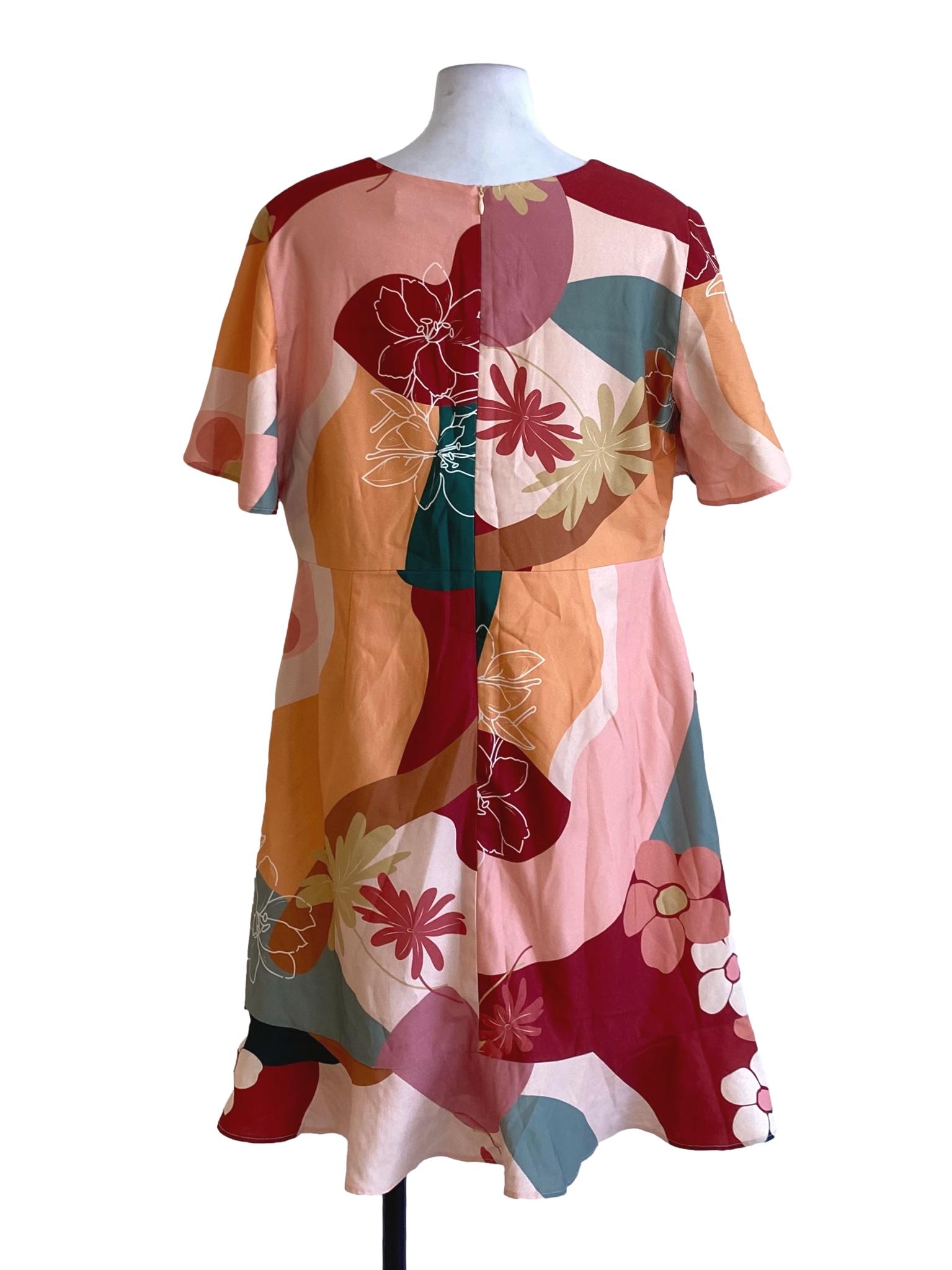 Red Colour Block Floral Printed Ruffle Hem A-Line Dress TCL