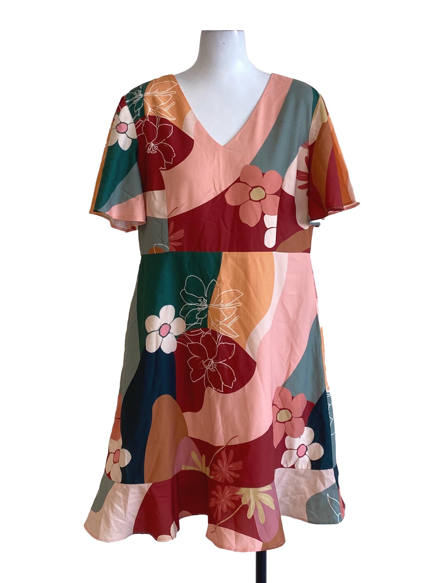 Red Colour Block Floral Printed Ruffle Hem A-Line Dress TCL