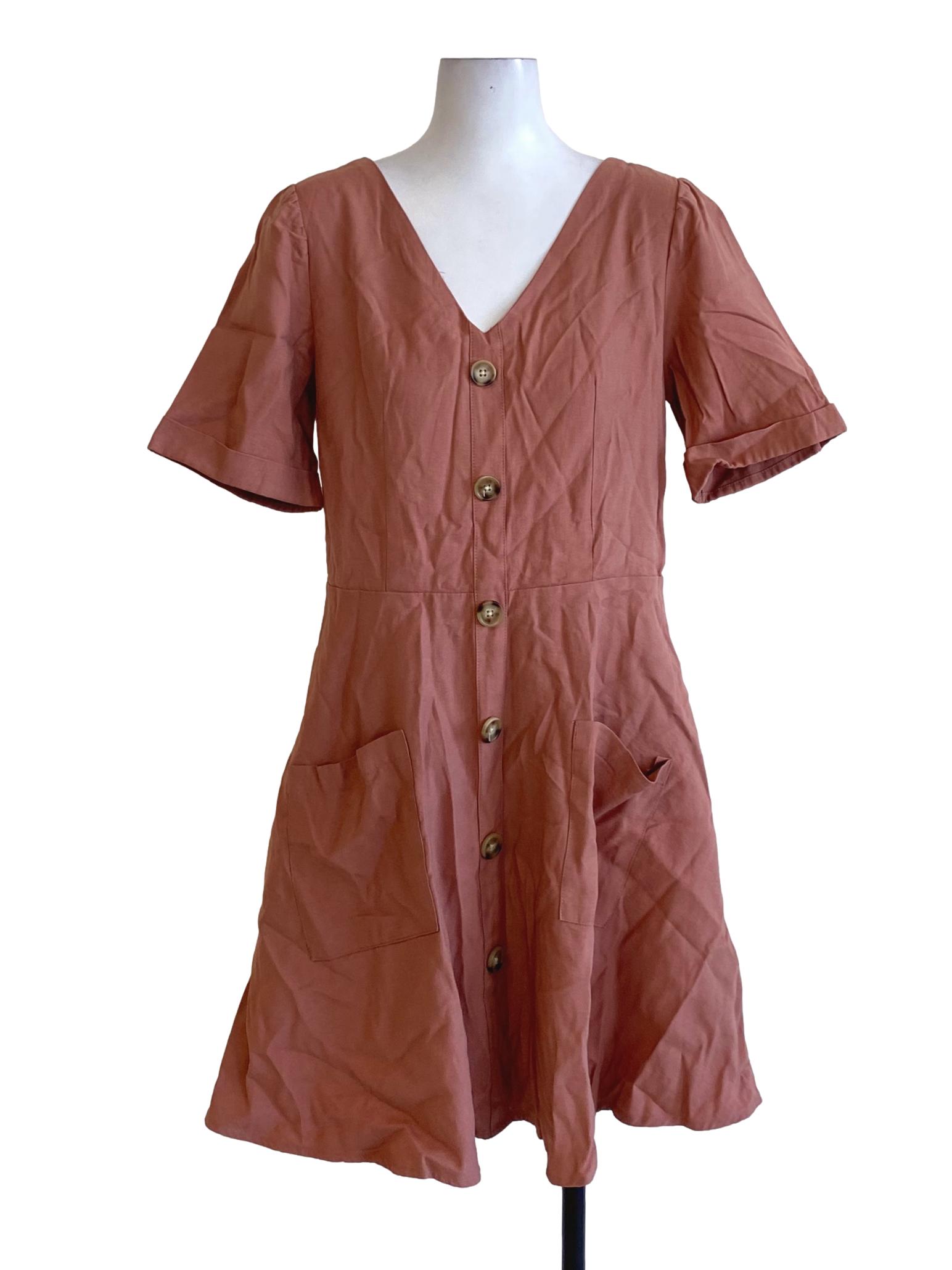 Light Blush Red Buttoned Down V-Neck A-Line Dress TTR