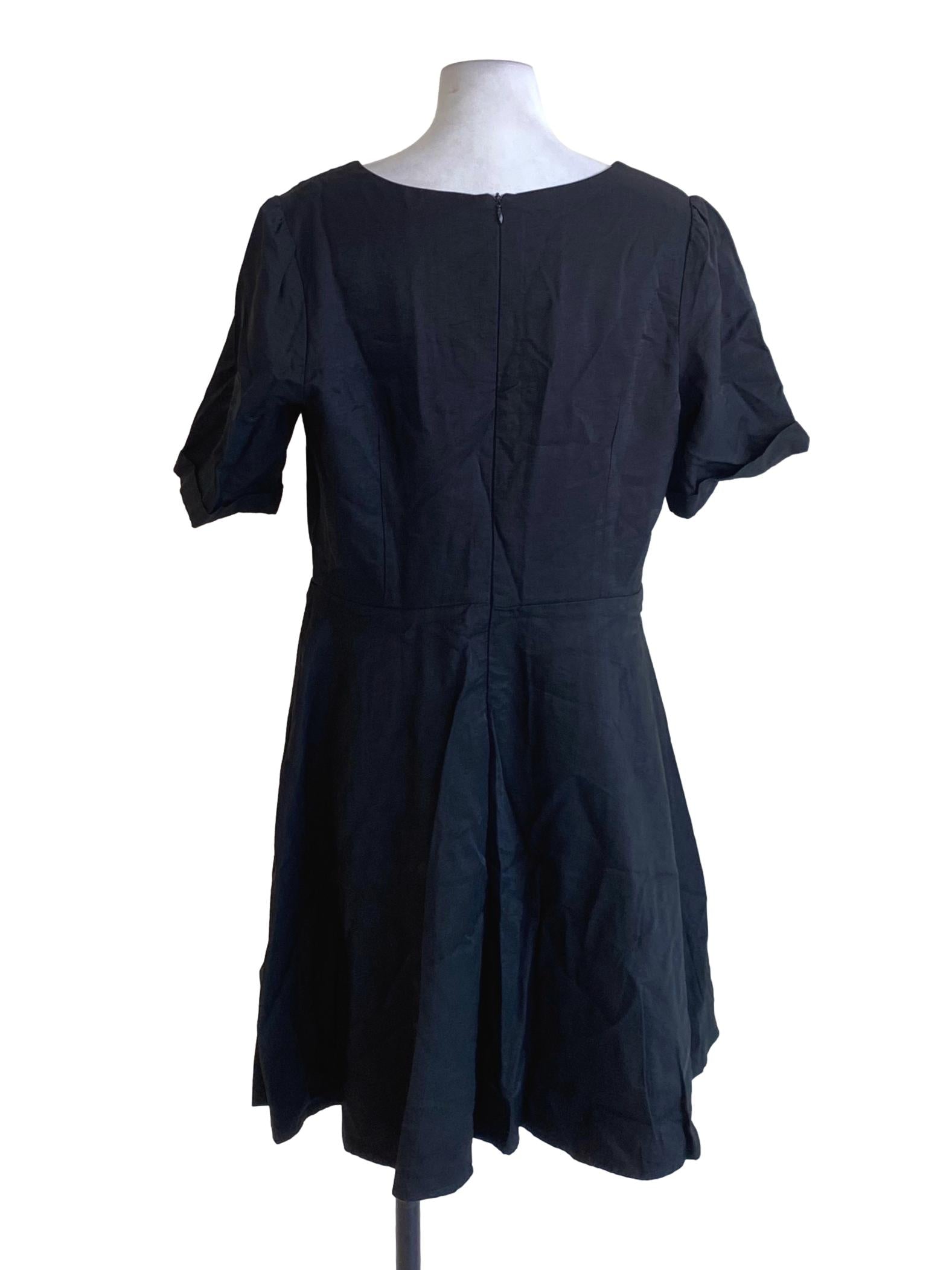 Jet Black Buttoned Down V-Neck A-Line Dress TTR