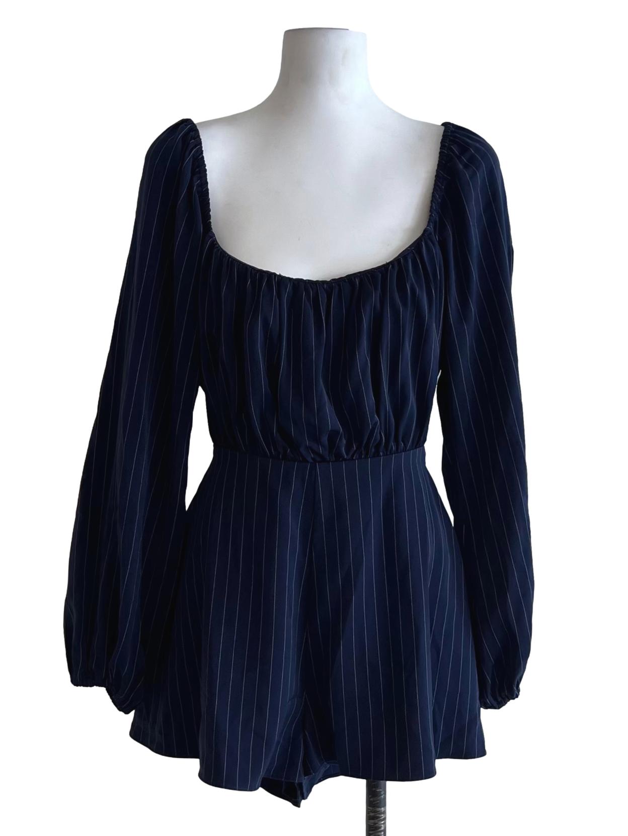 Navy Blue Pencil Stripe Romper