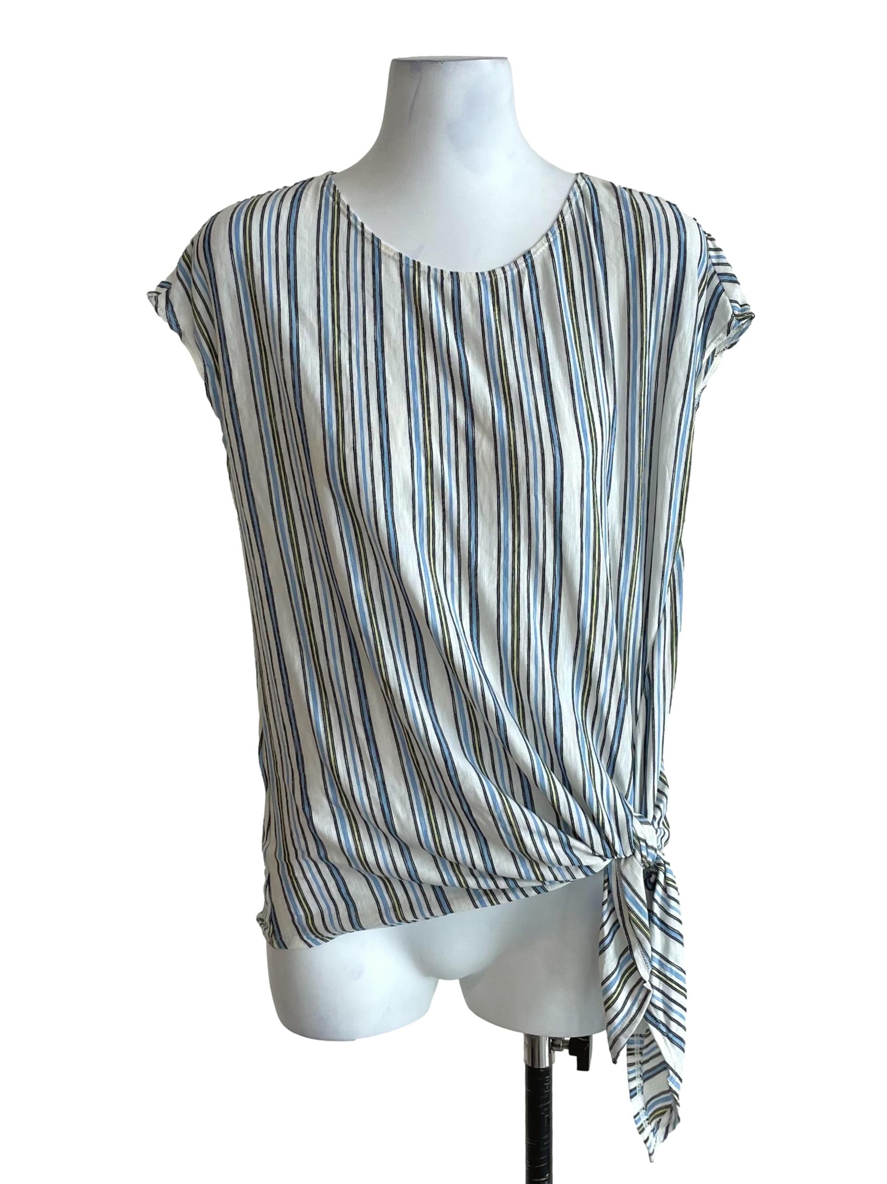 White & Blue Stripes Knotted Drop Shoulder Top