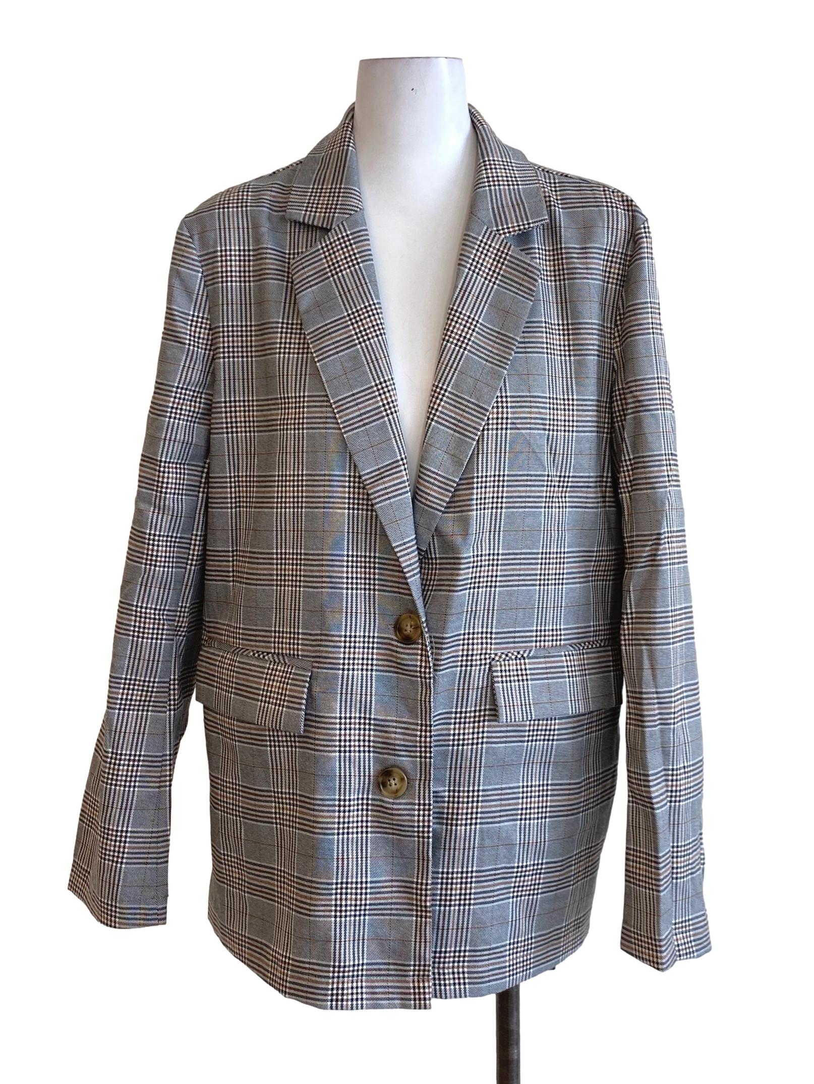 Anchor Grey Plaid Notched Collar Buttoned Down Blazer TTR