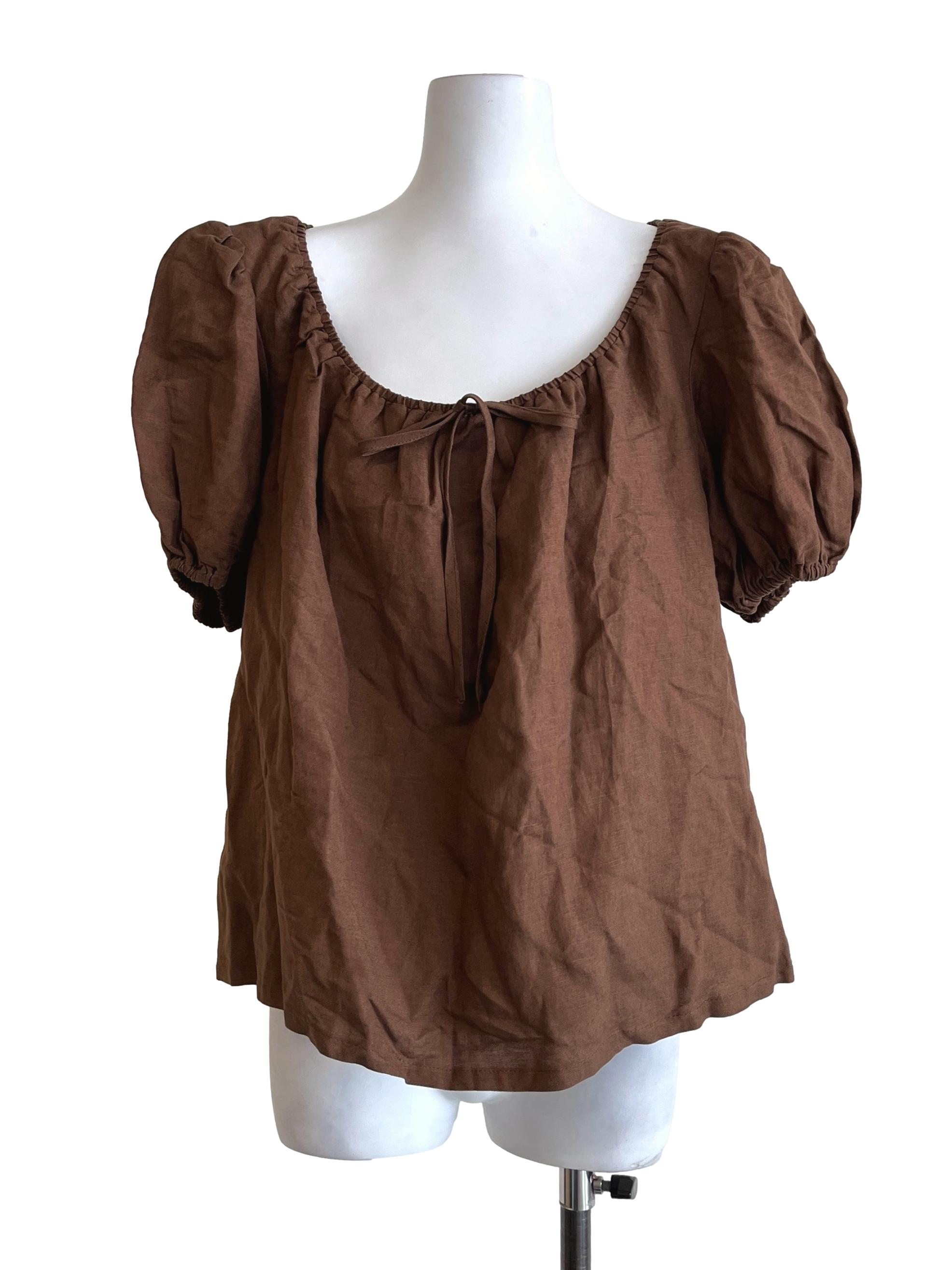 Tawny Brown Scoop Puff Sleeve Top