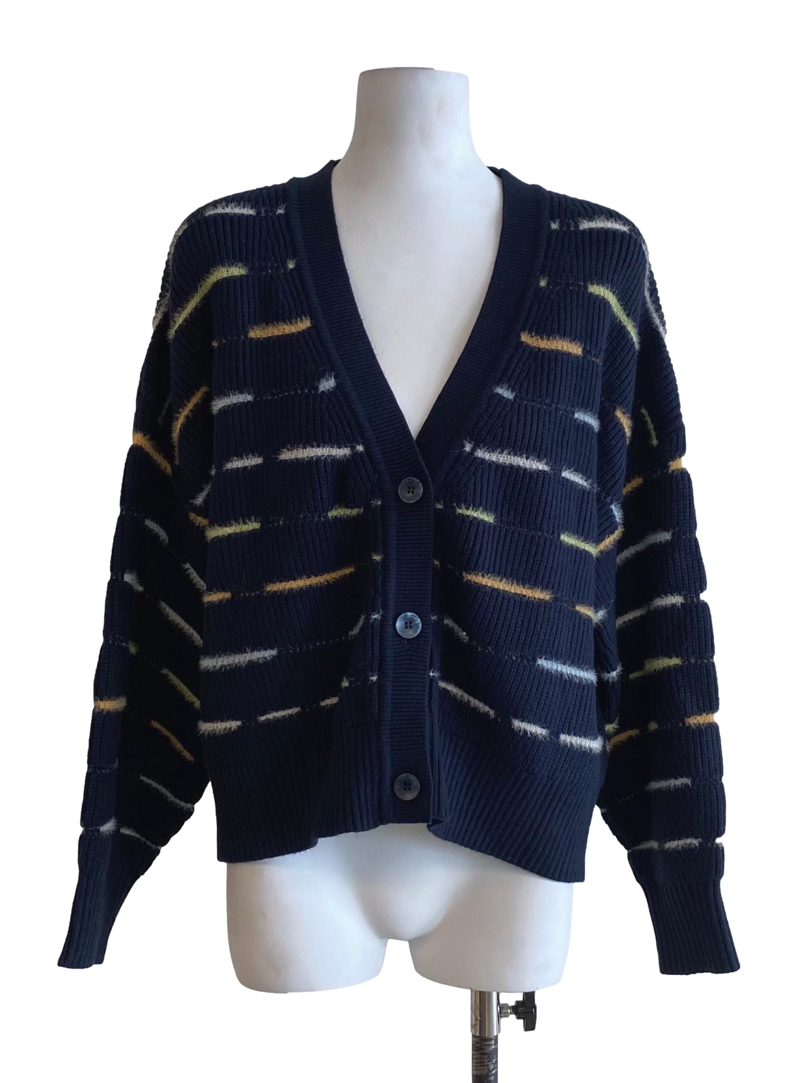 Midnight Blue Multicolor Stripes V-Neck Knitted Cardigan