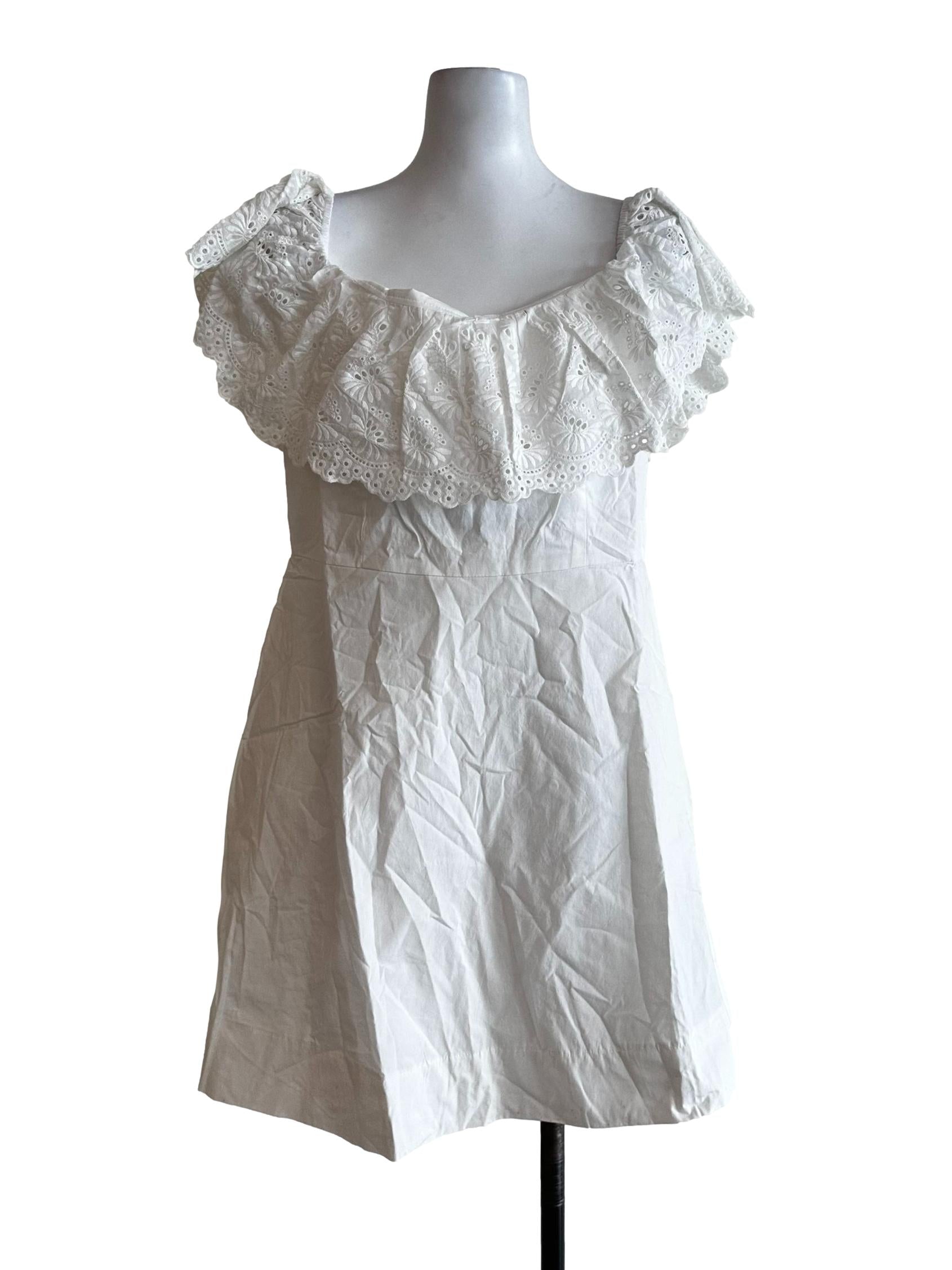 Daisy White Embroidery Neckline Pattern Mini Dress