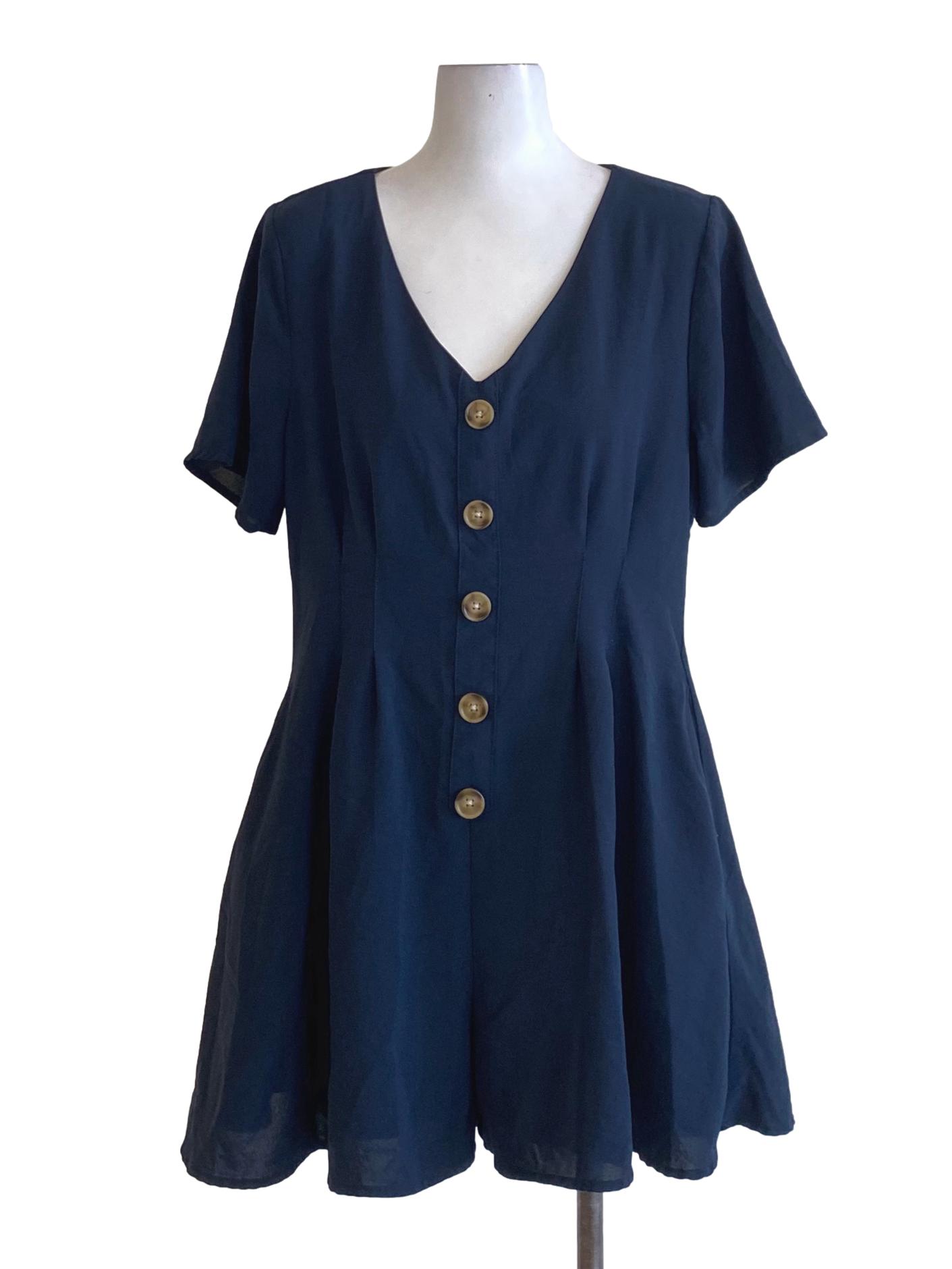 Navy Blue Buttoned Down V-Neck A-Line Romper TTR