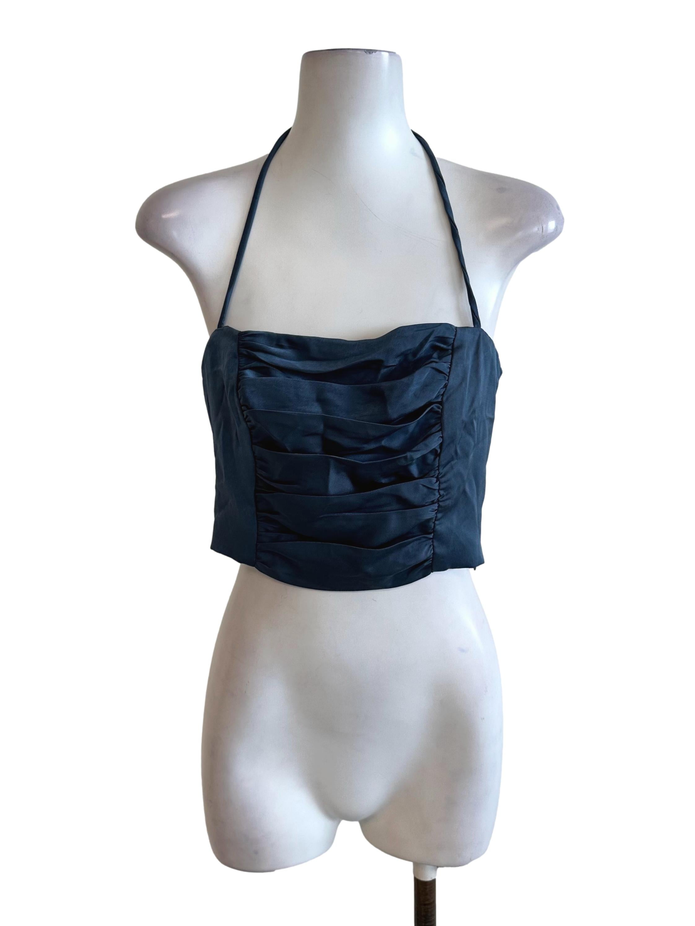 Dusty Blue Ruched Halter Backless Top