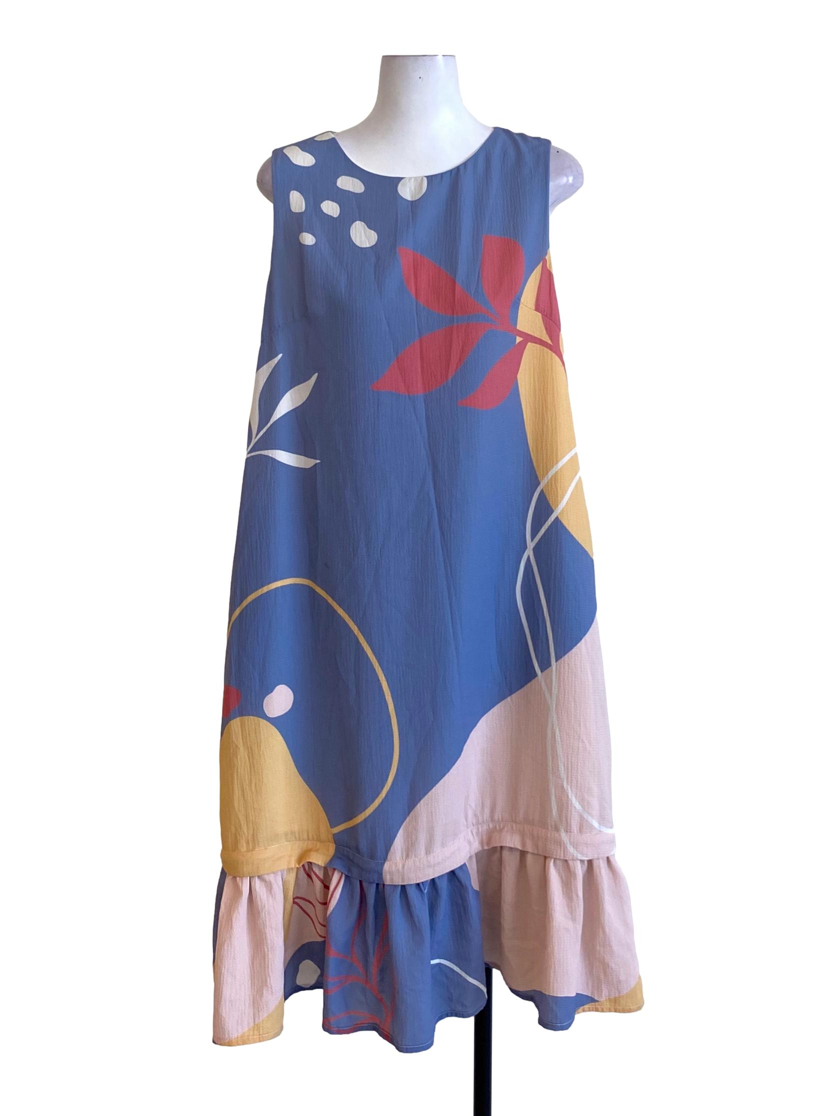Ash Blue Abstract Printed Drop Waist Shift Dress
